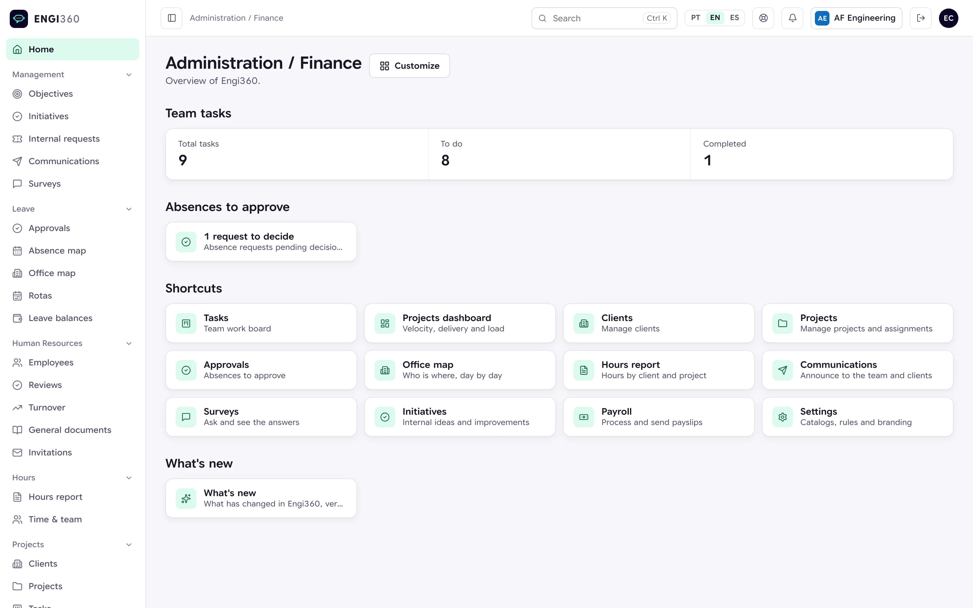 Engi360 administration panel