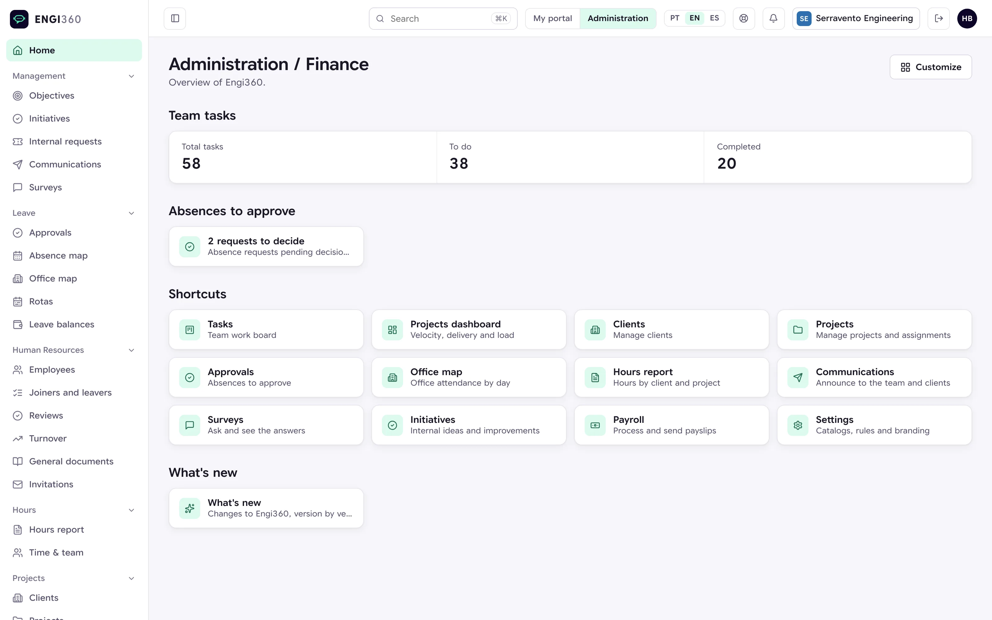 Engi360 administration panel