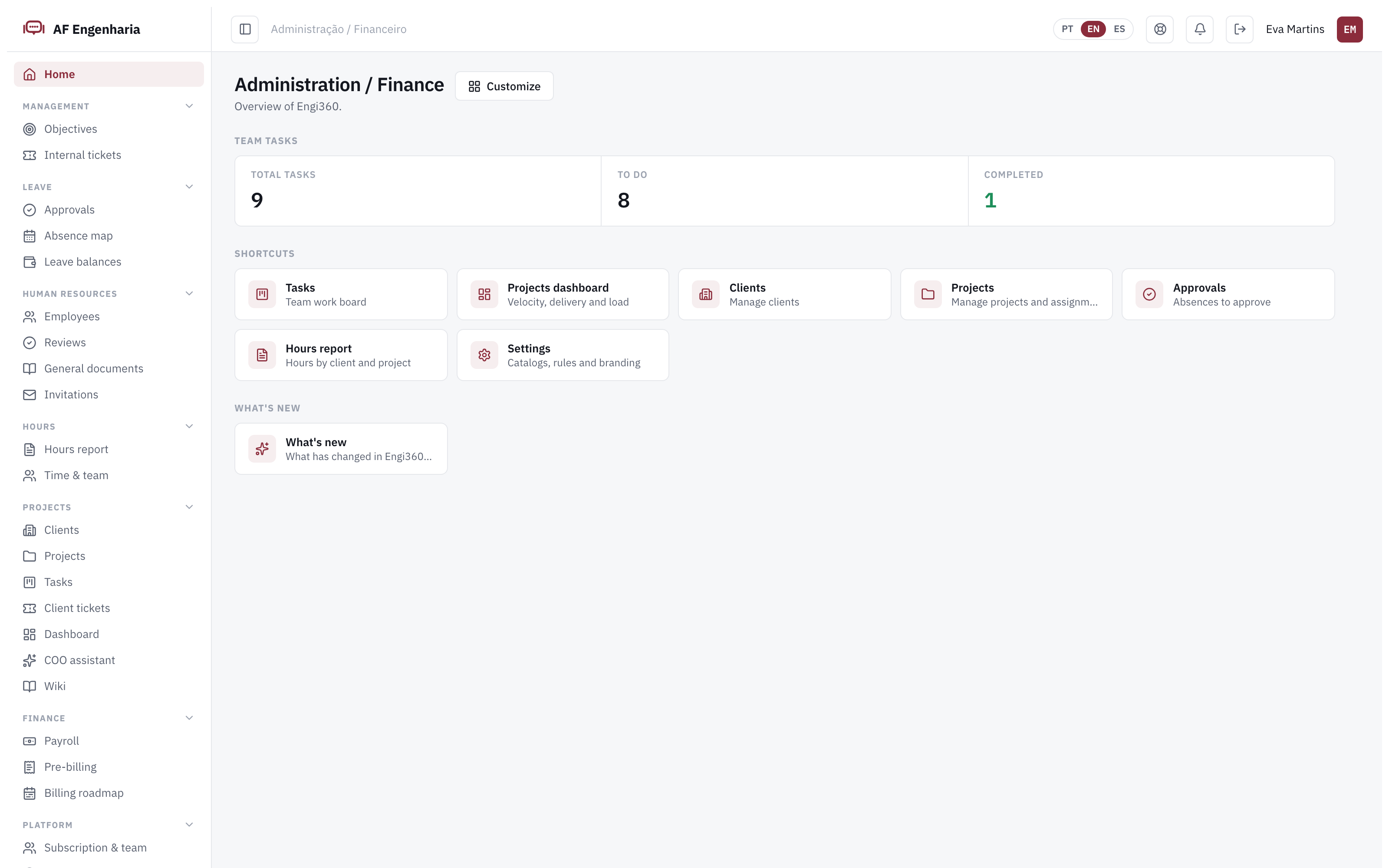 Engi360 administration panel
