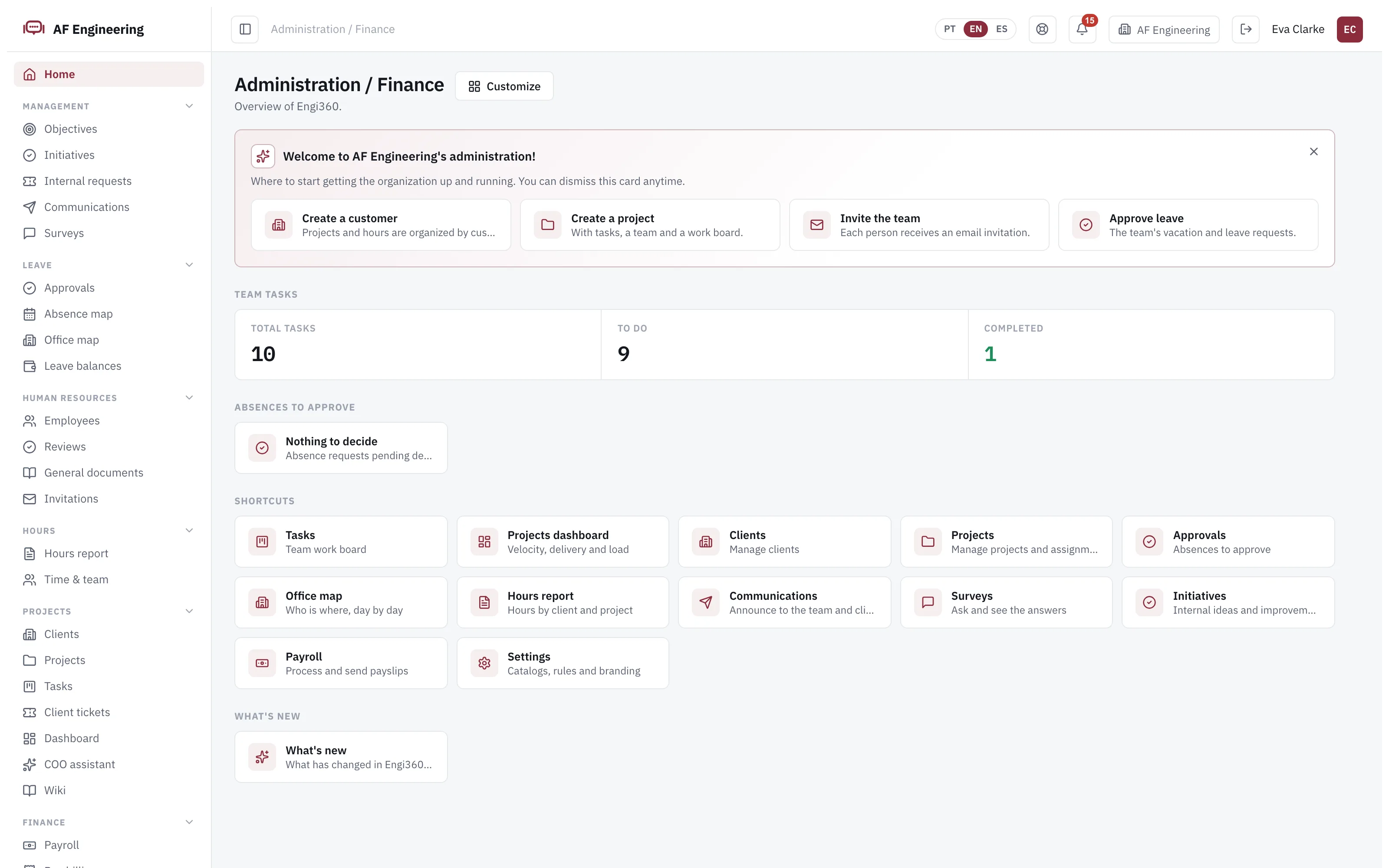 Engi360 administration panel