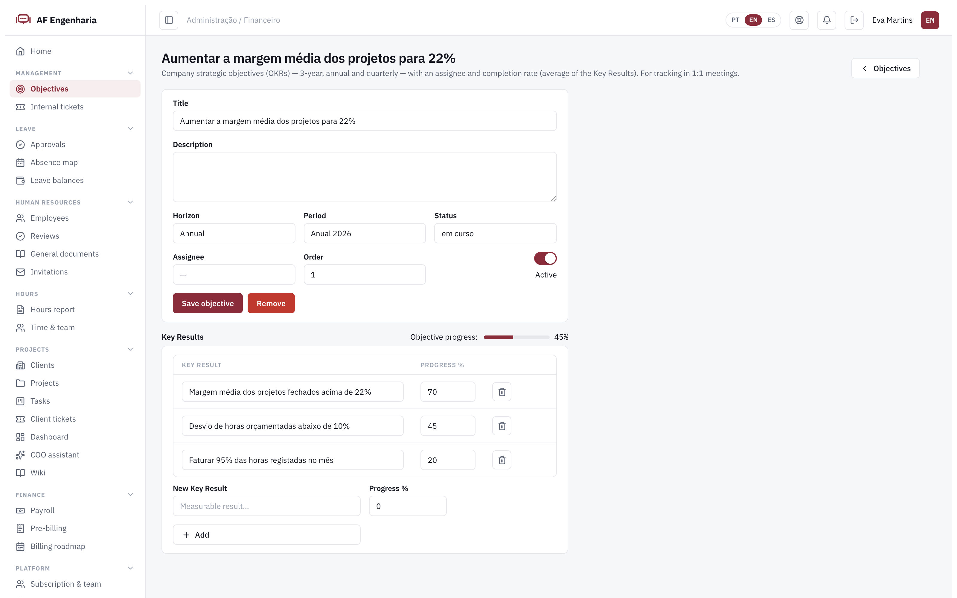 Objectives and key results in Engi360