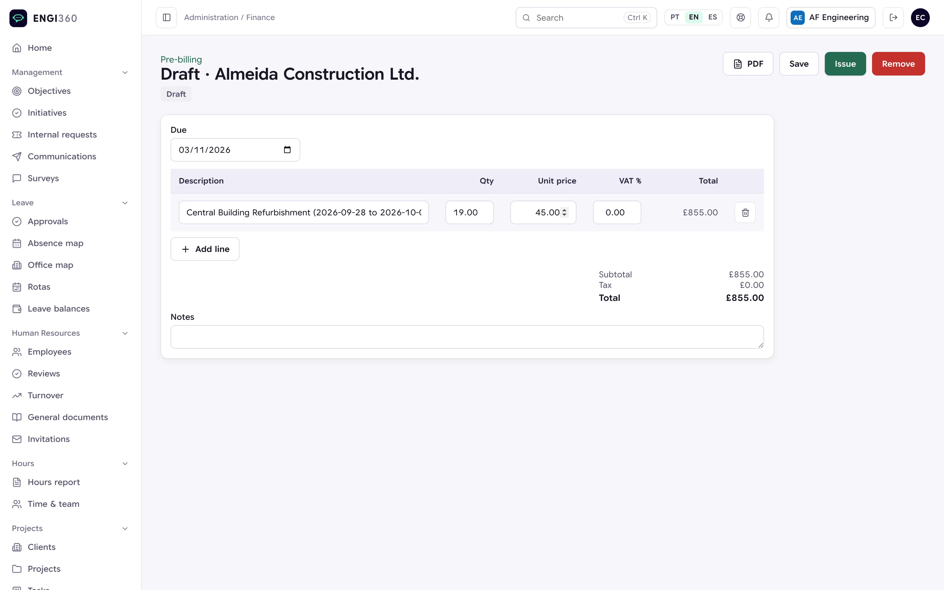 Pre-invoicing generated from hours in Engi360