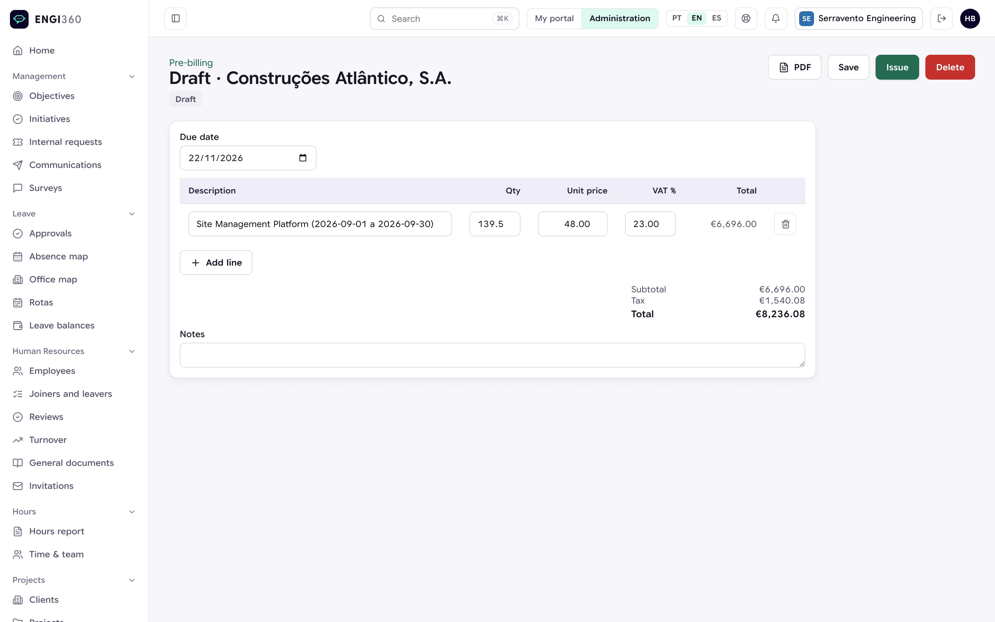 Pre-invoicing generated from hours in Engi360