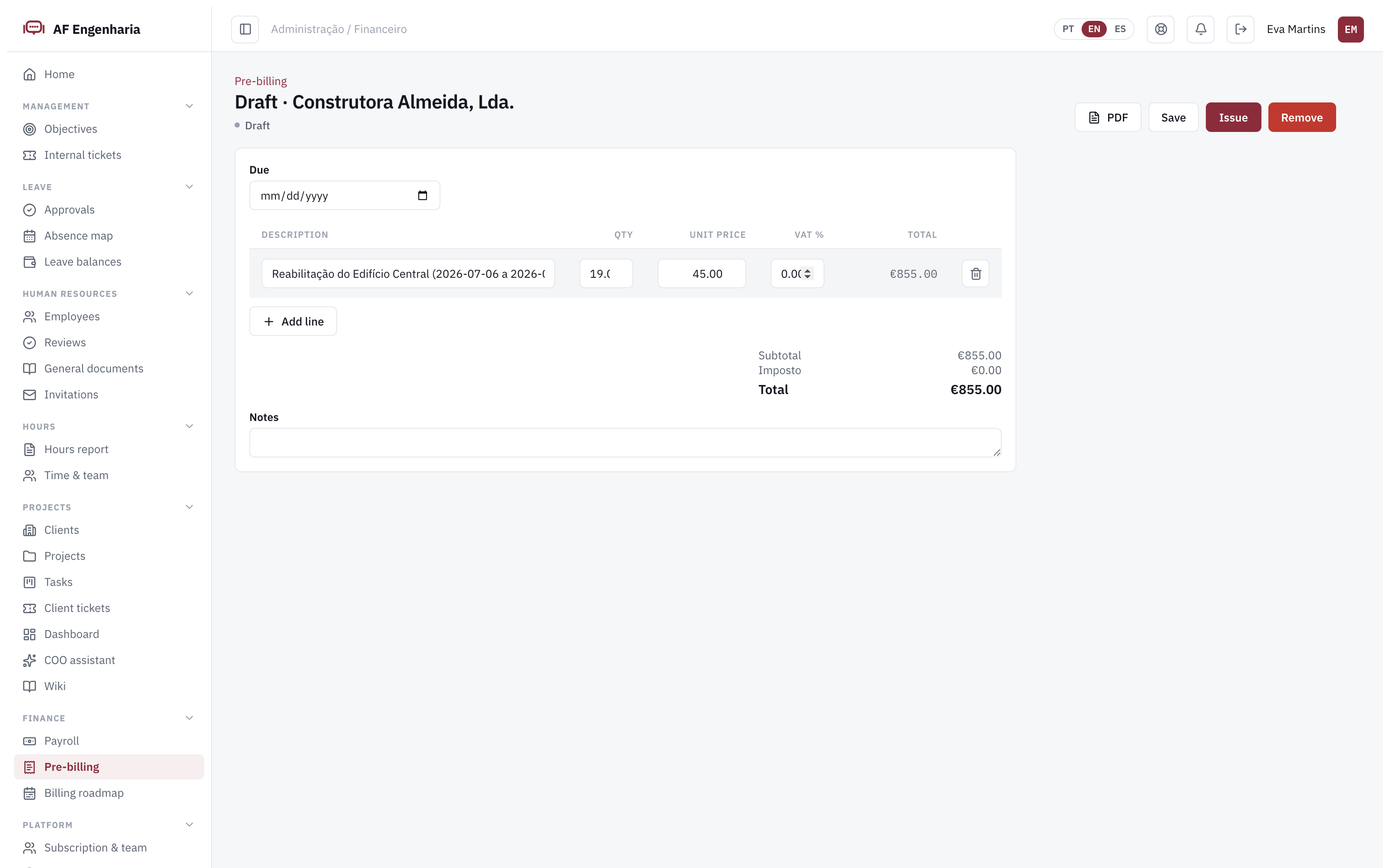 Pre-invoicing generated from hours in Engi360