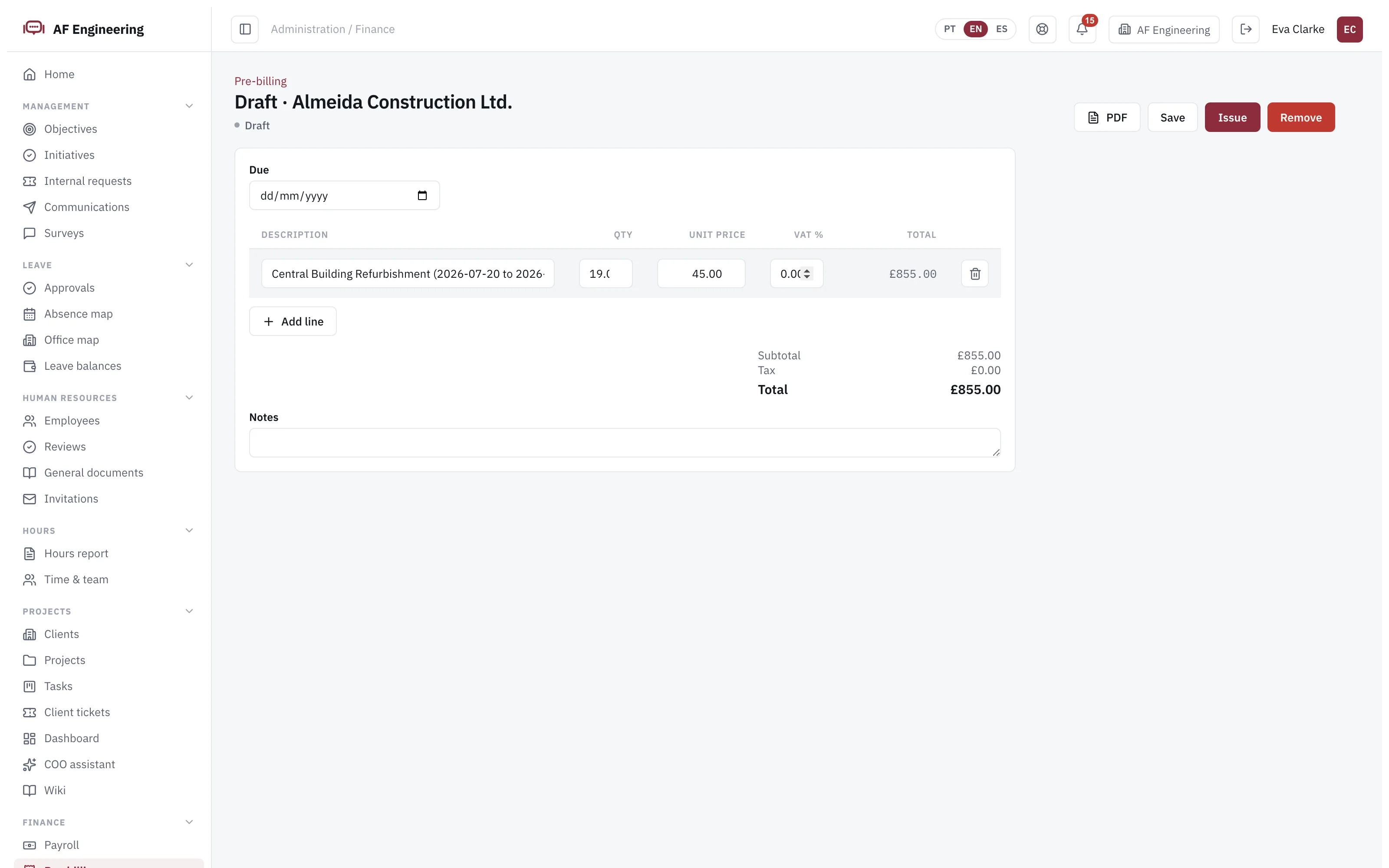 Pre-invoicing generated from hours in Engi360