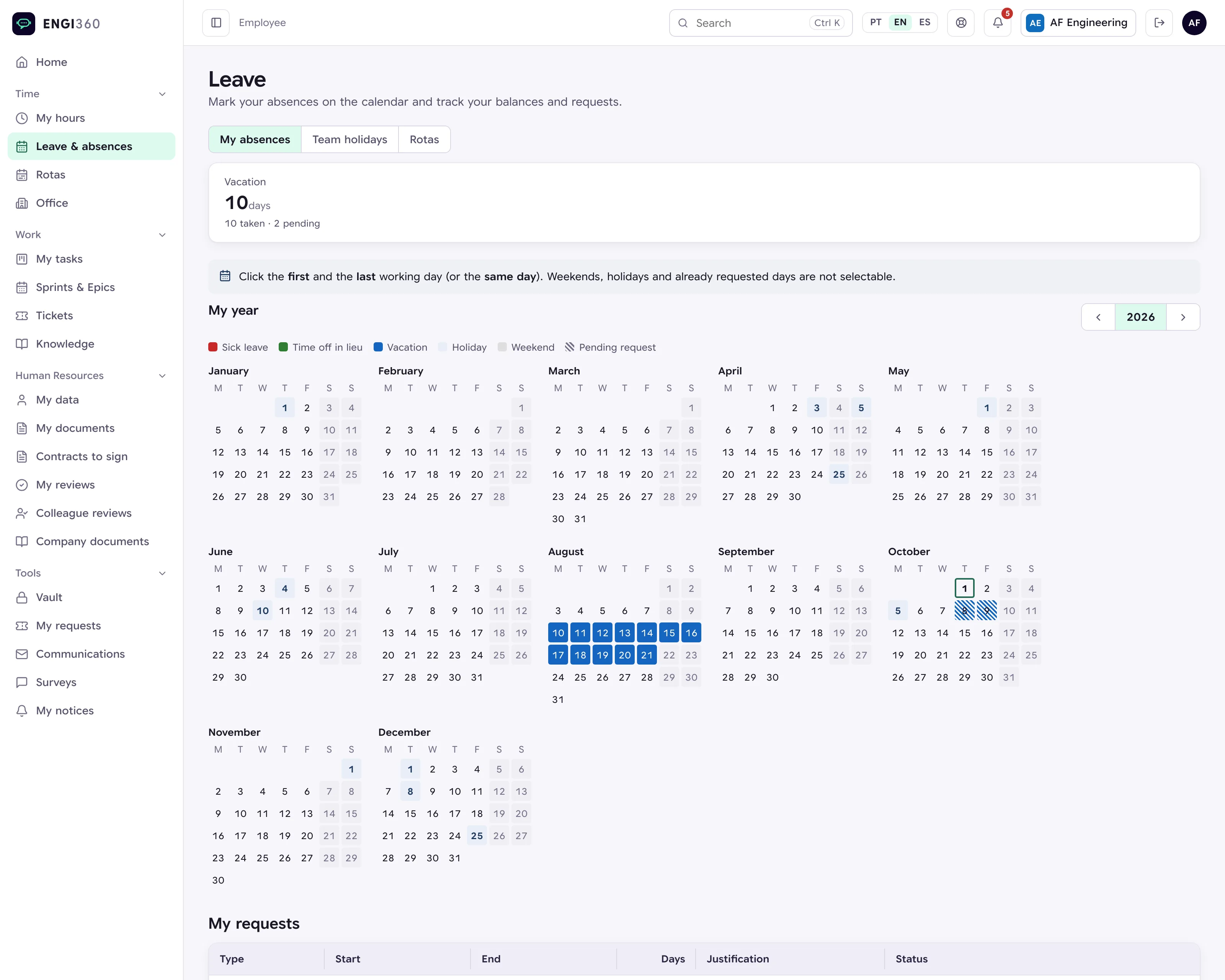 Annual vacations and absences calendar