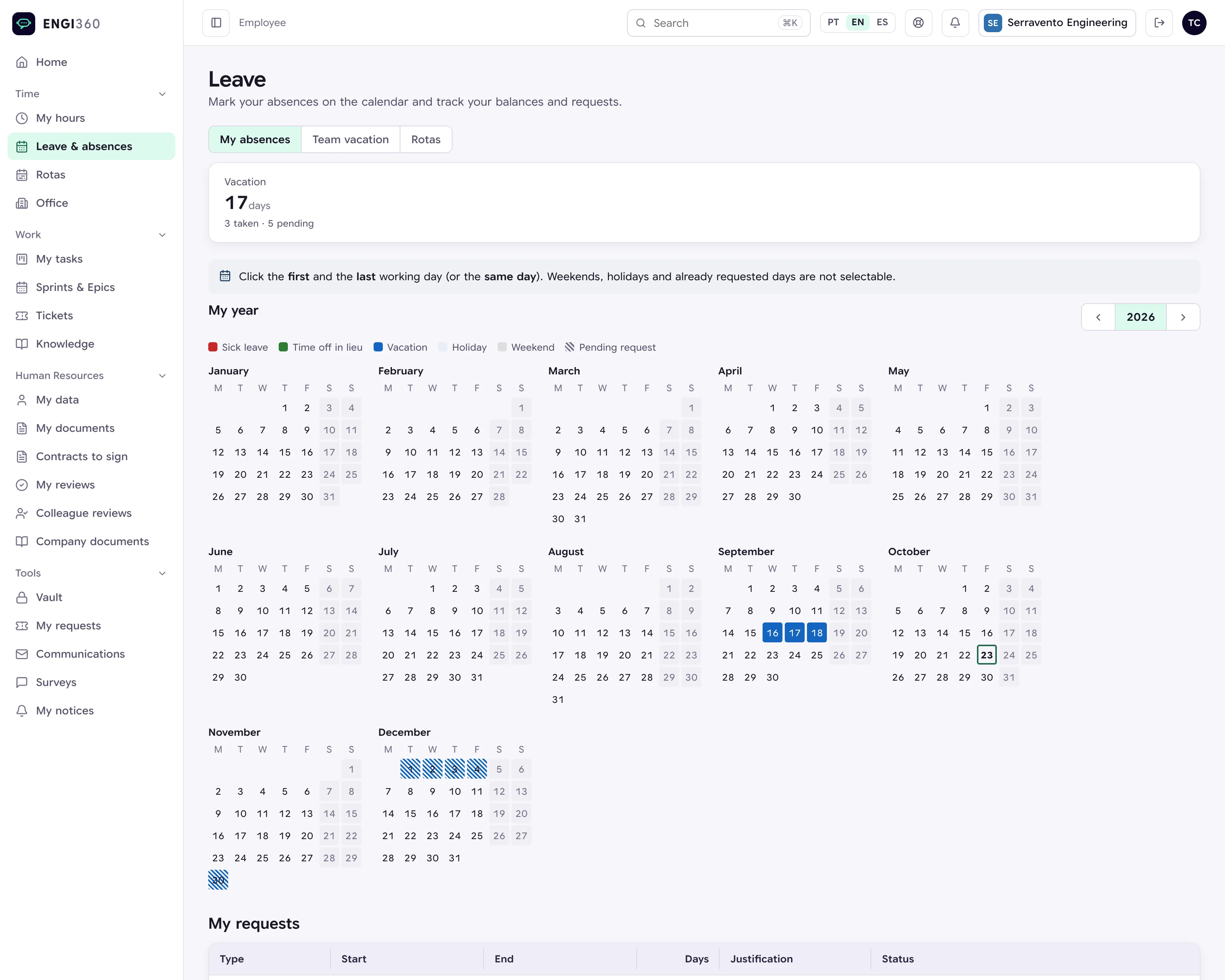 Annual vacations and absences calendar