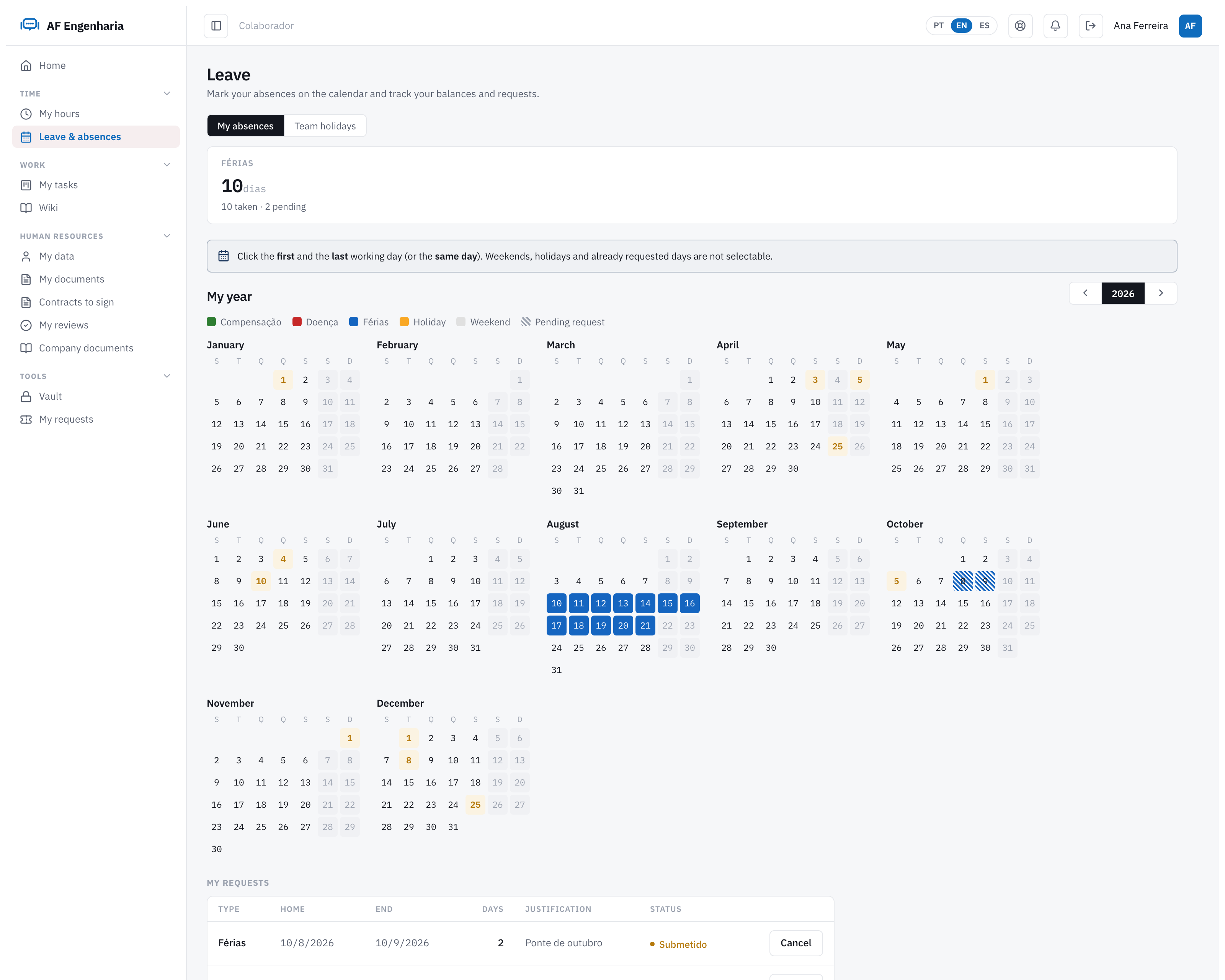 Annual vacations and absences calendar