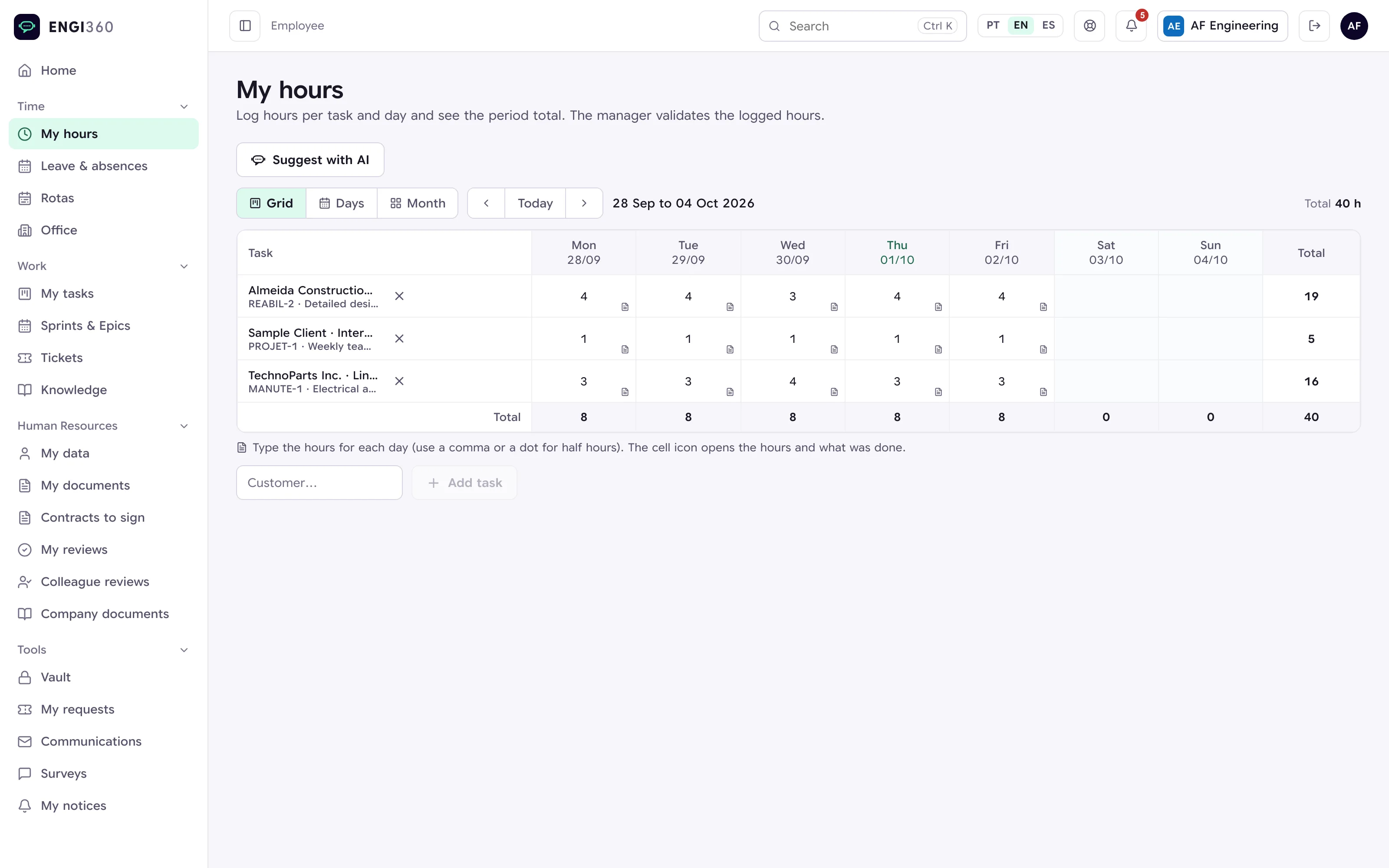Employee weekly timesheet in Engi360