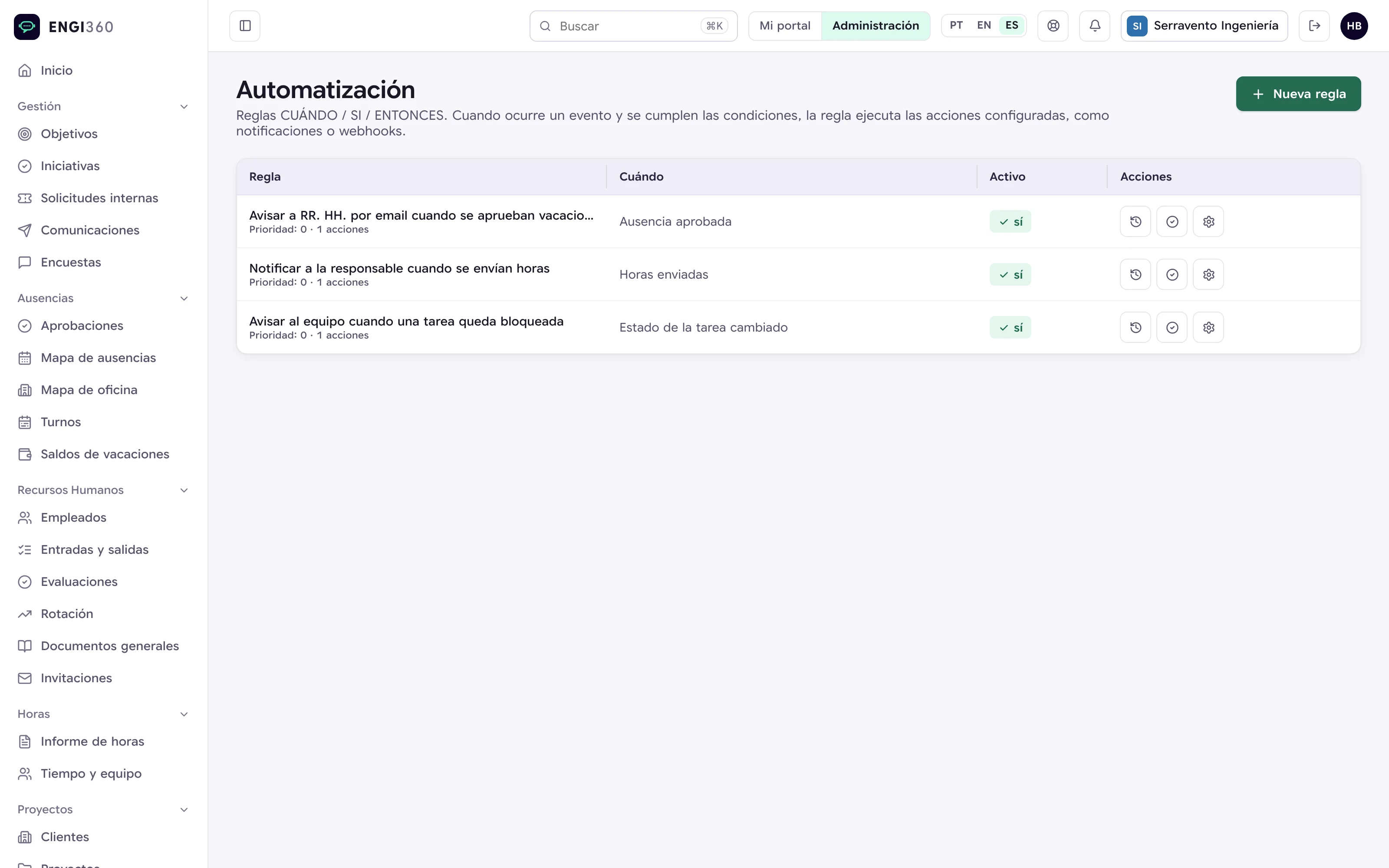 Reglas de automatización en Engi360