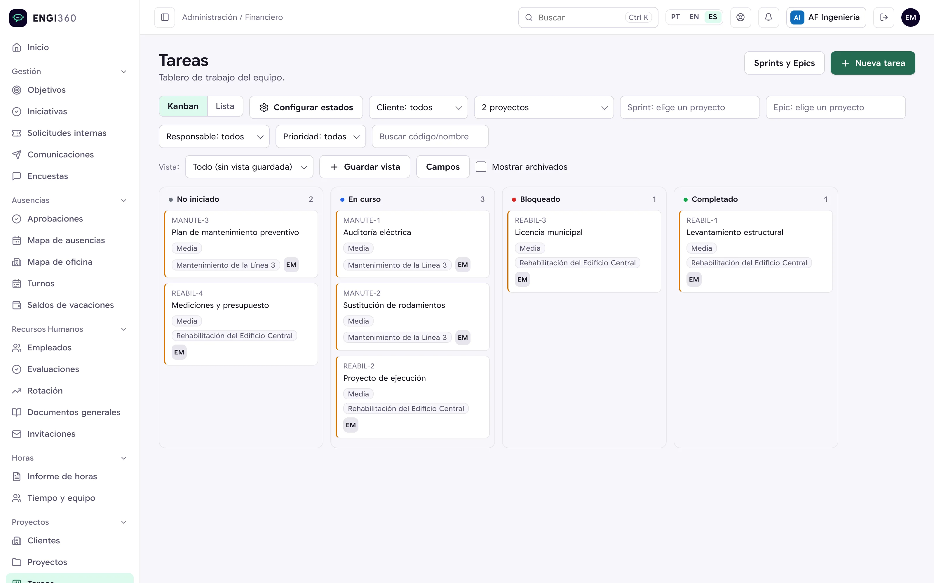 Tablero de tareas del equipo en Engi360