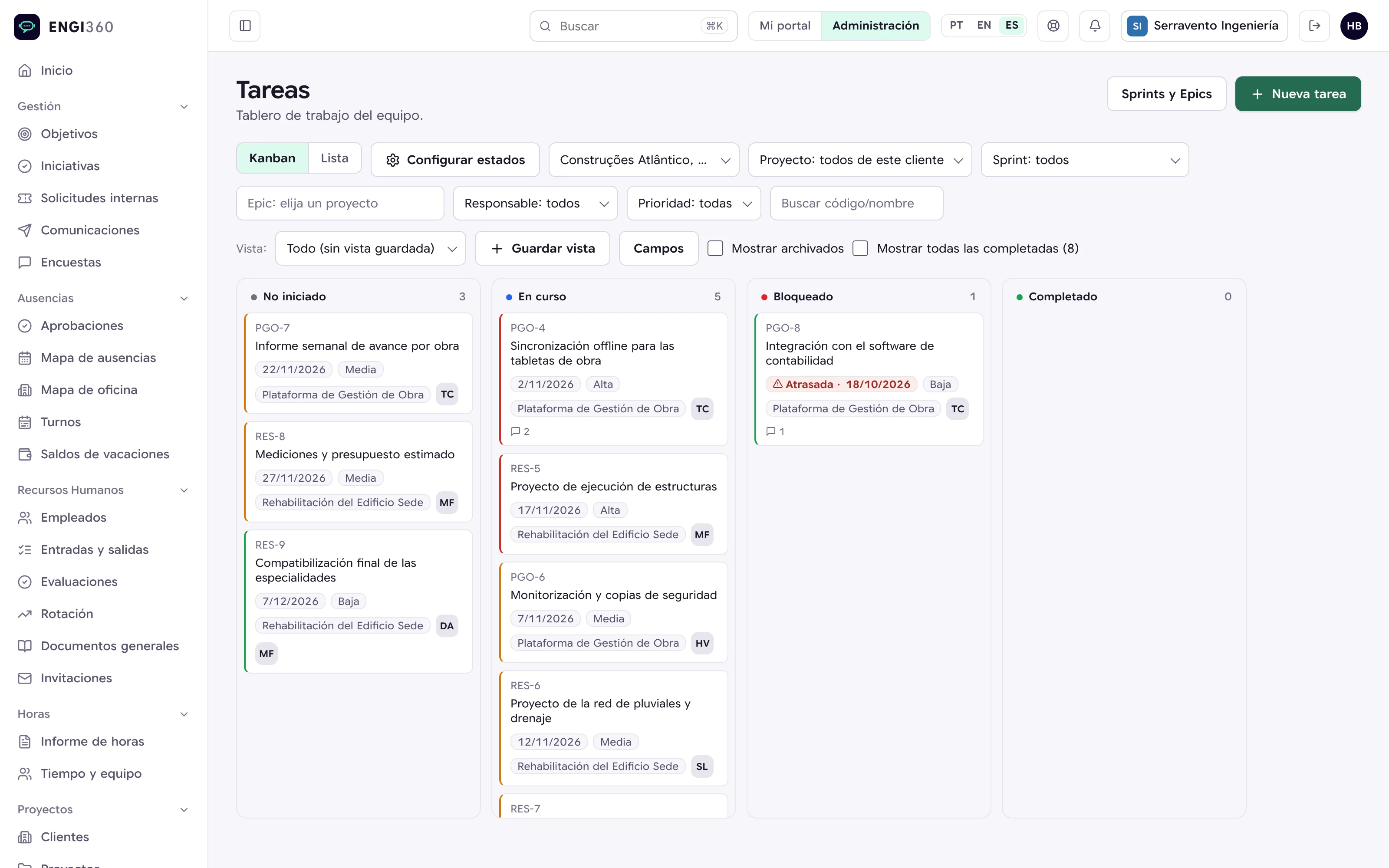 Tablero de tareas del equipo en Engi360