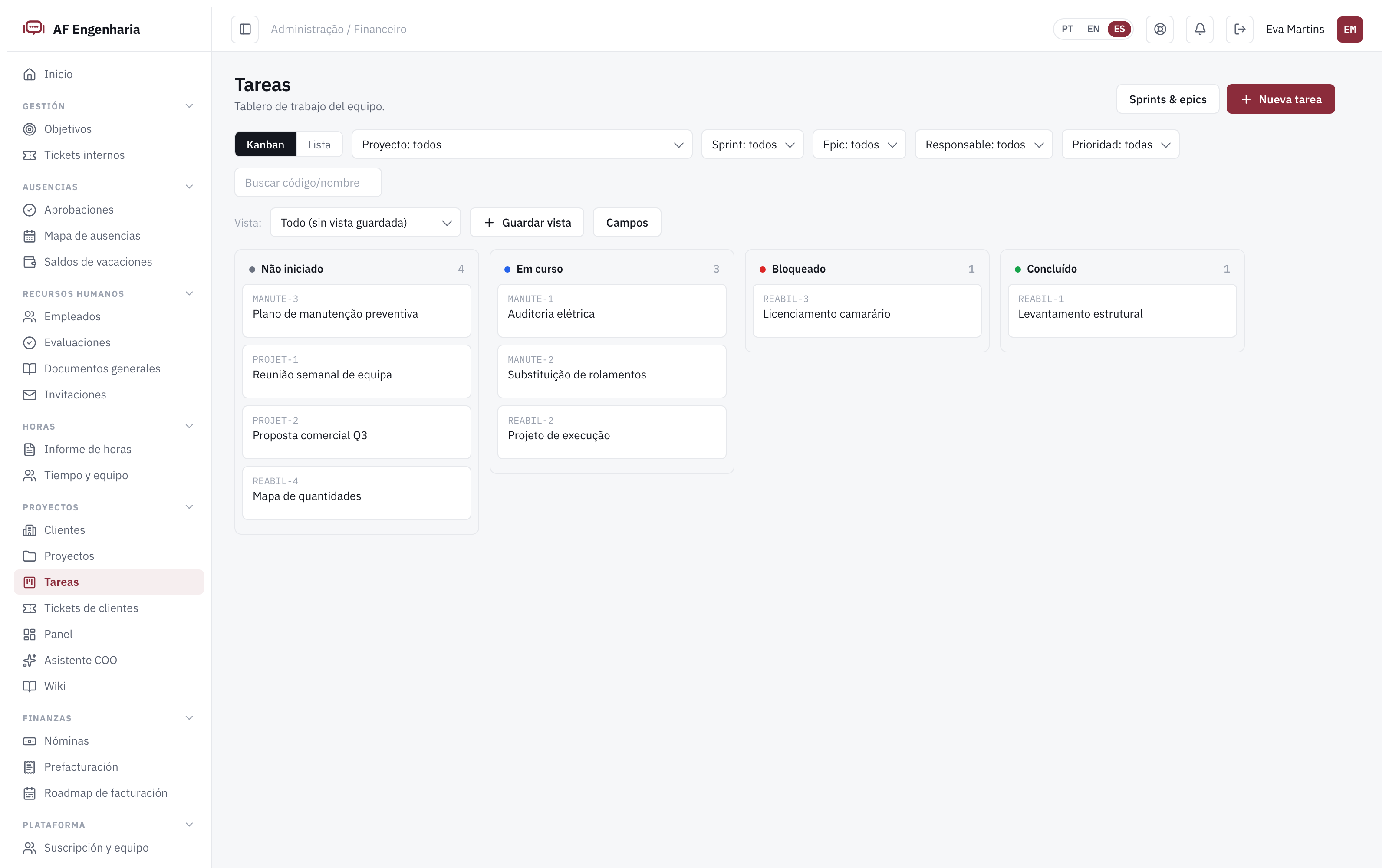 Tablero de tareas de Engi360