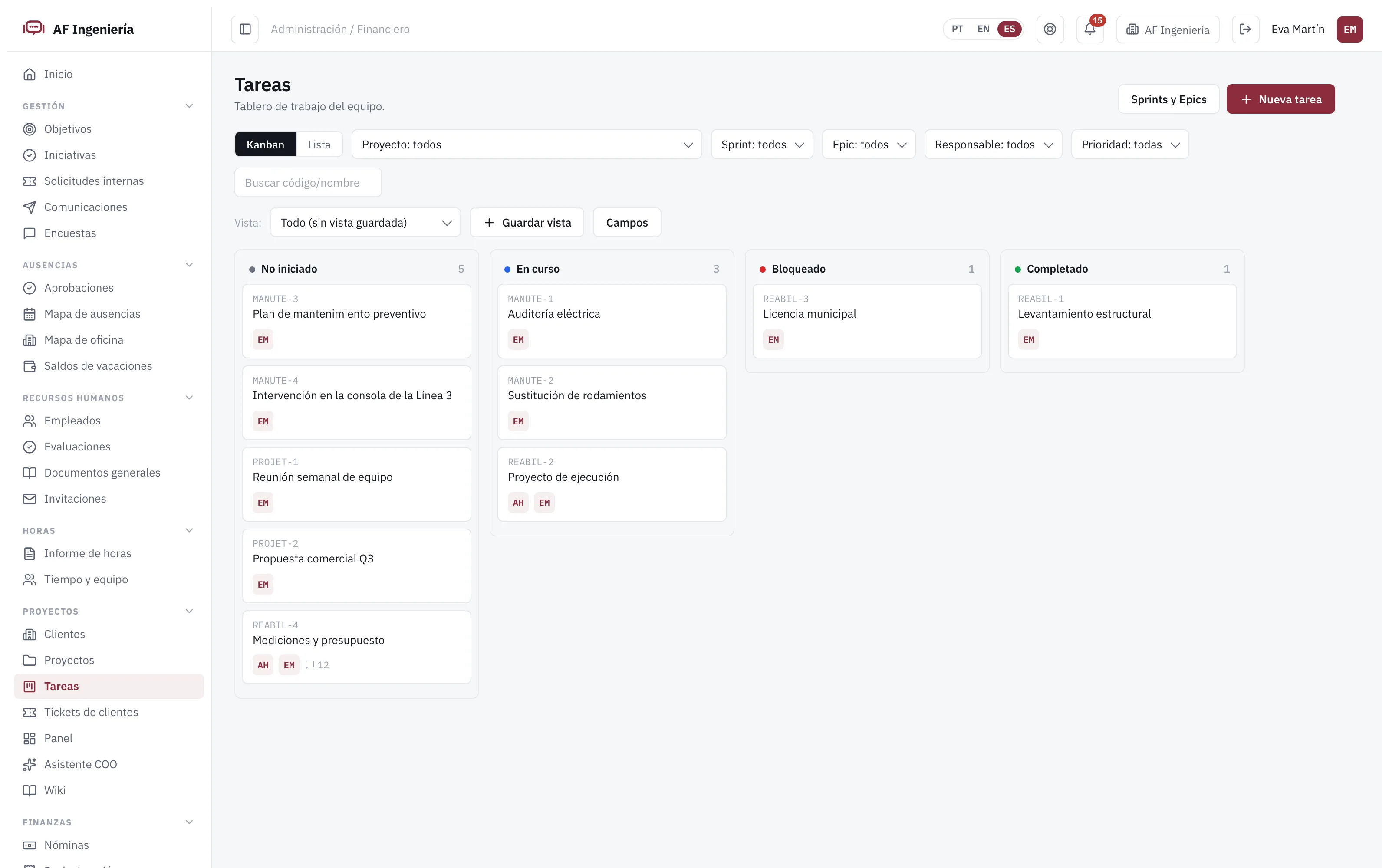 Tablero de tareas de Engi360