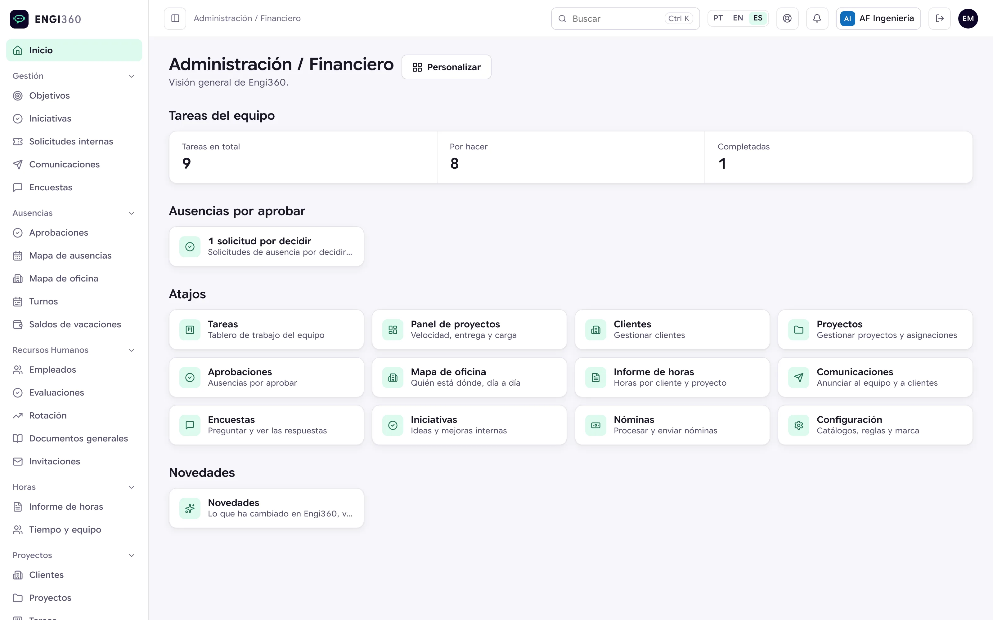 Panel de administración de Engi360