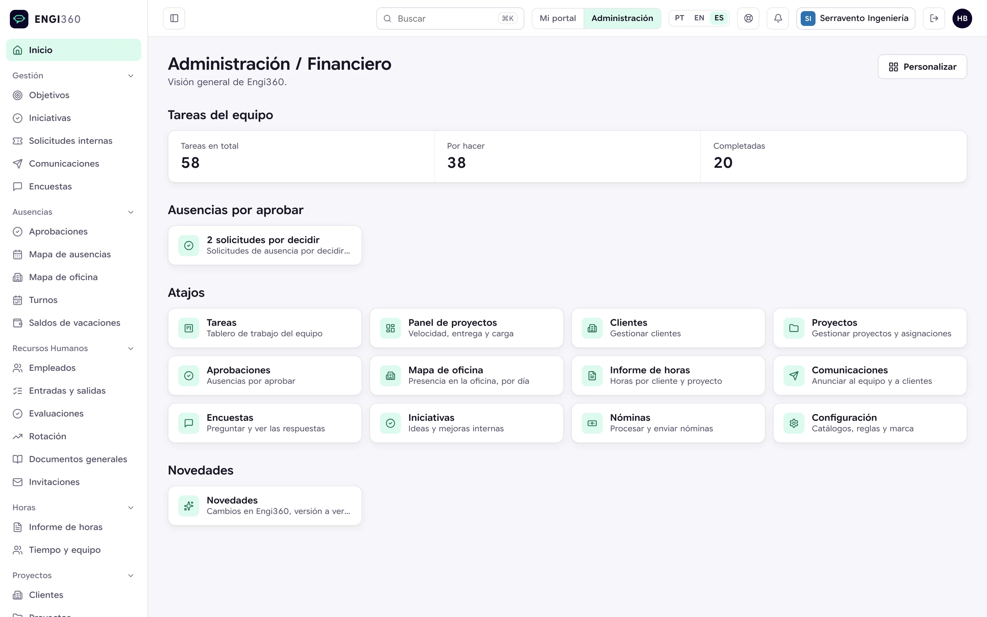 Panel de administración de Engi360