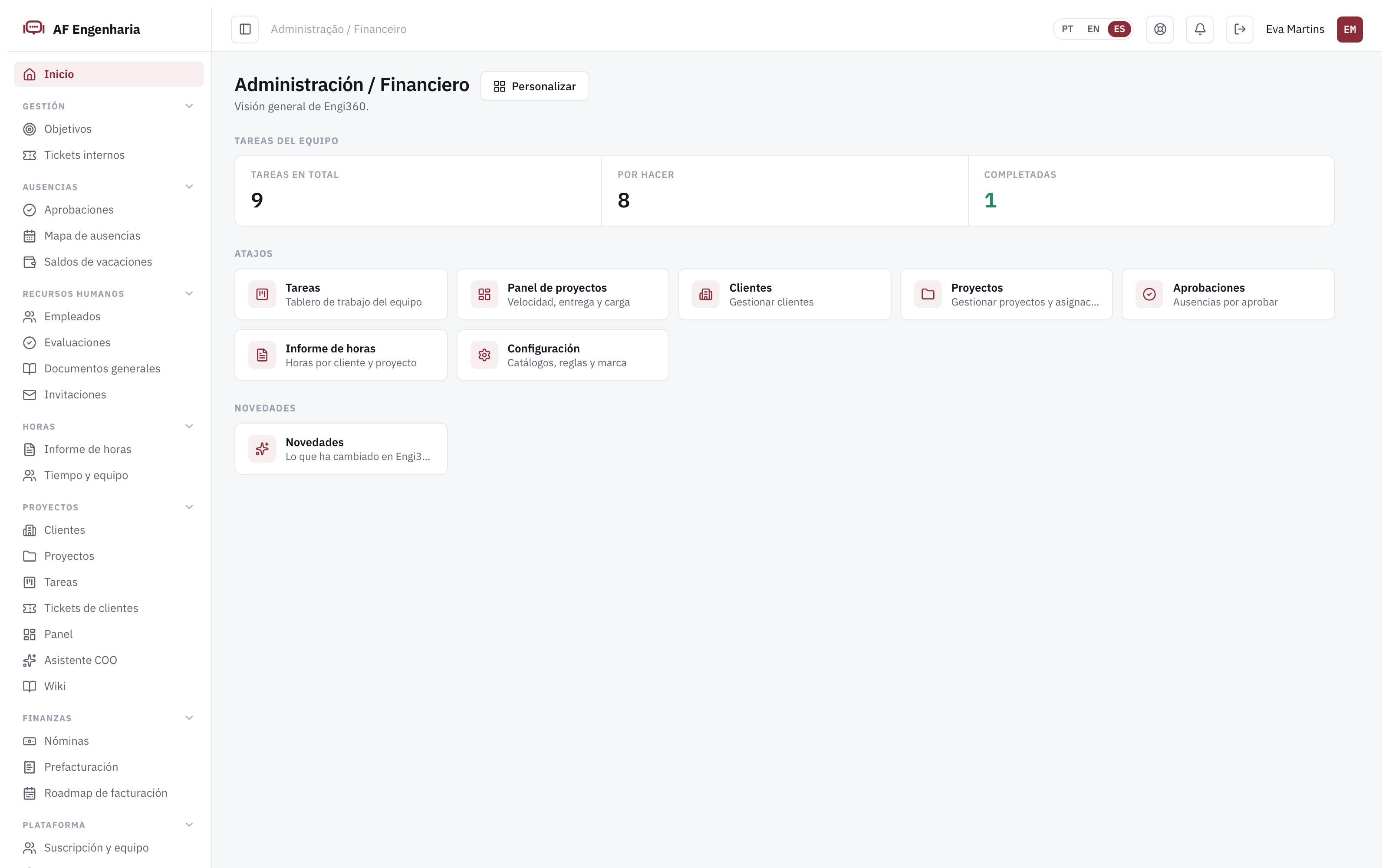 Panel de administración de Engi360