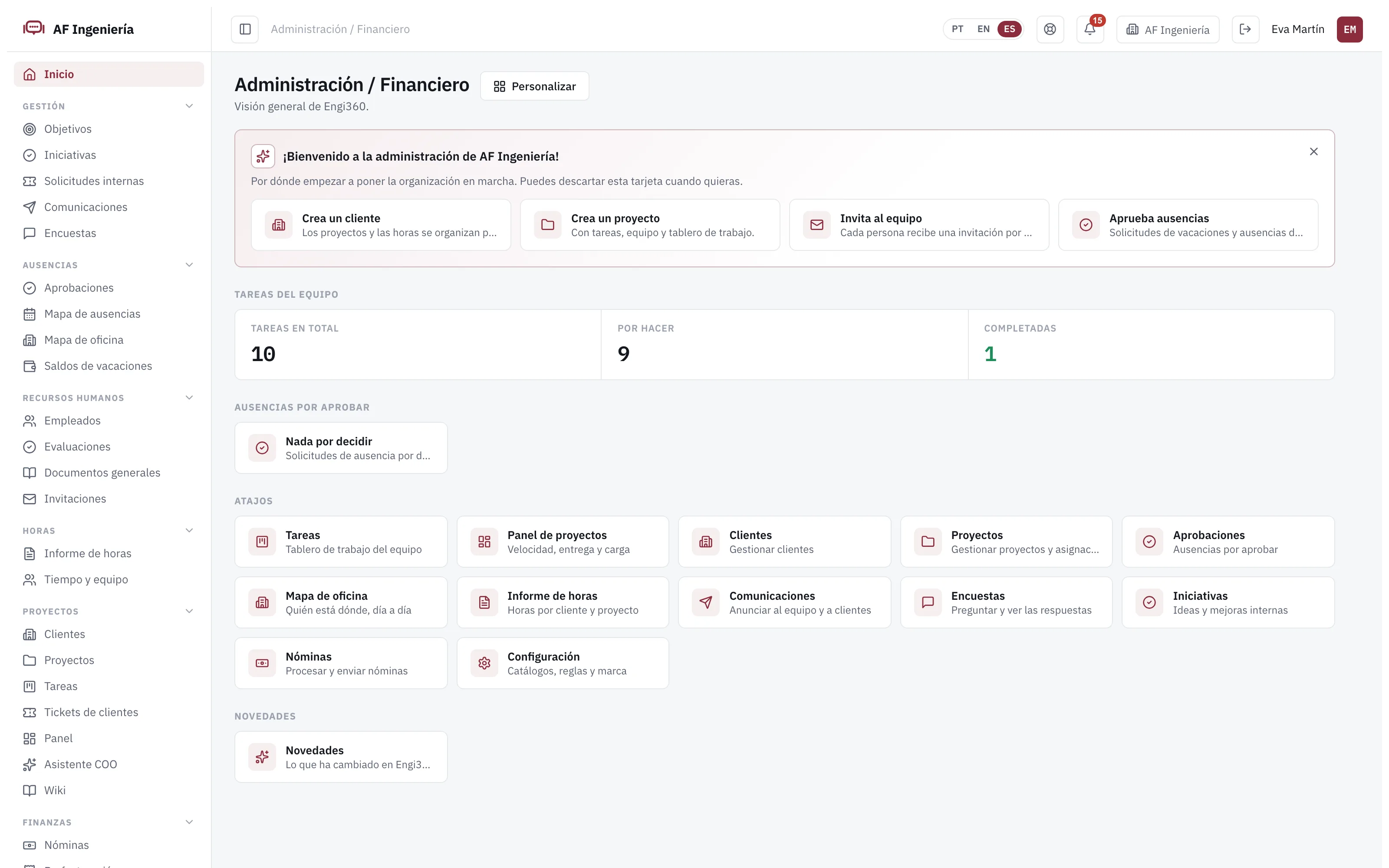 Panel de administración de Engi360