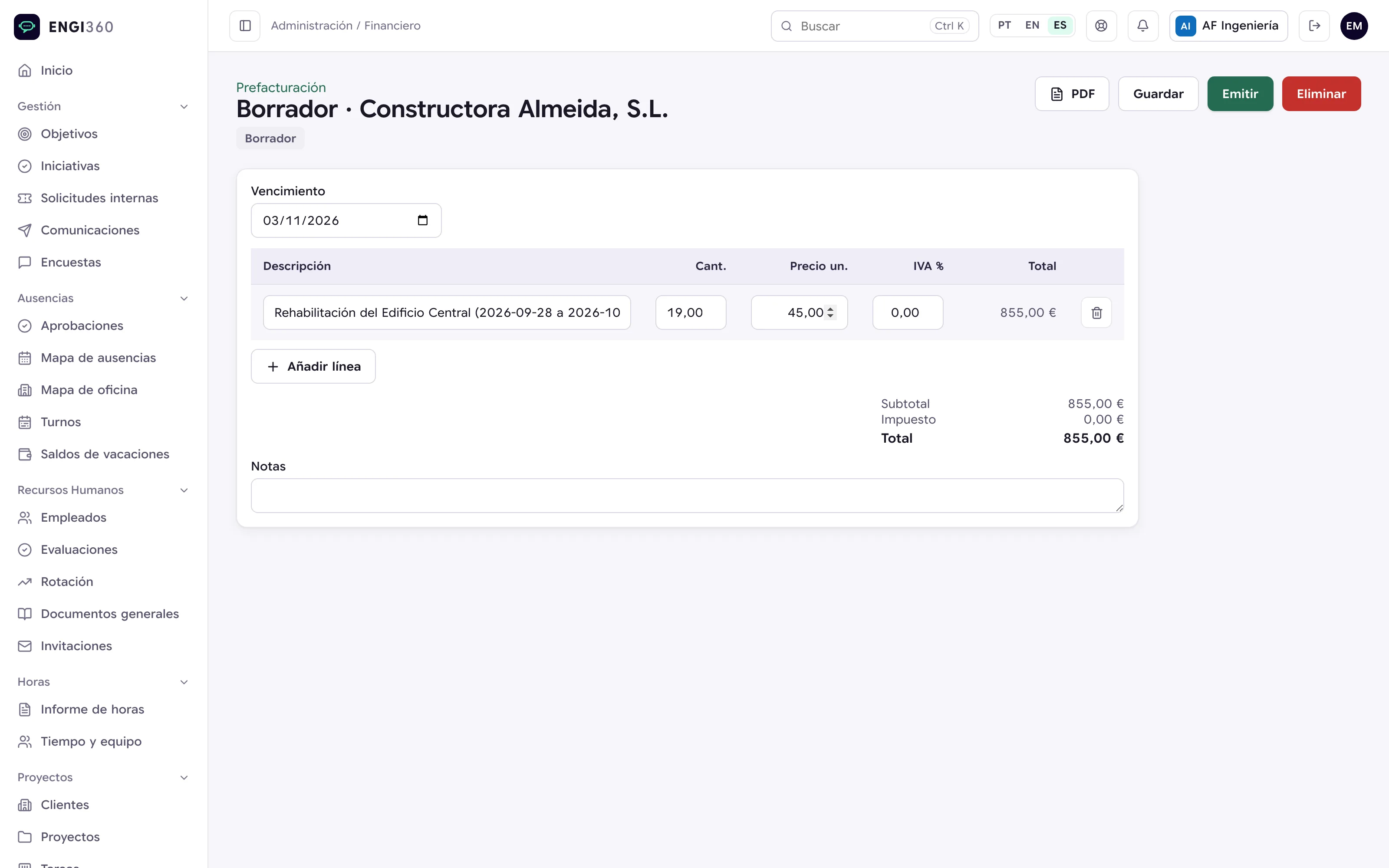 Prefacturación generada a partir de las horas en Engi360