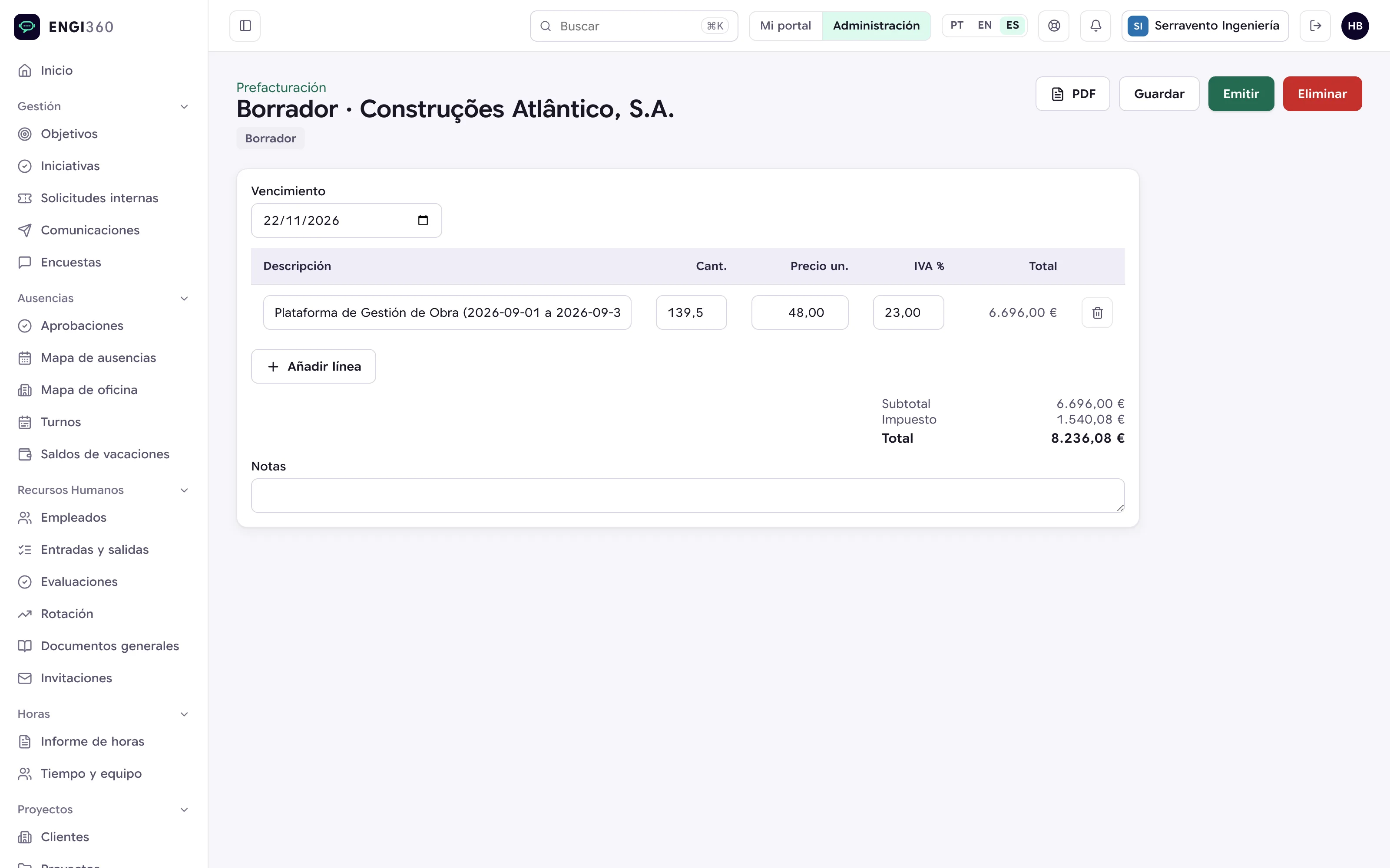 Prefacturación generada a partir de las horas en Engi360
