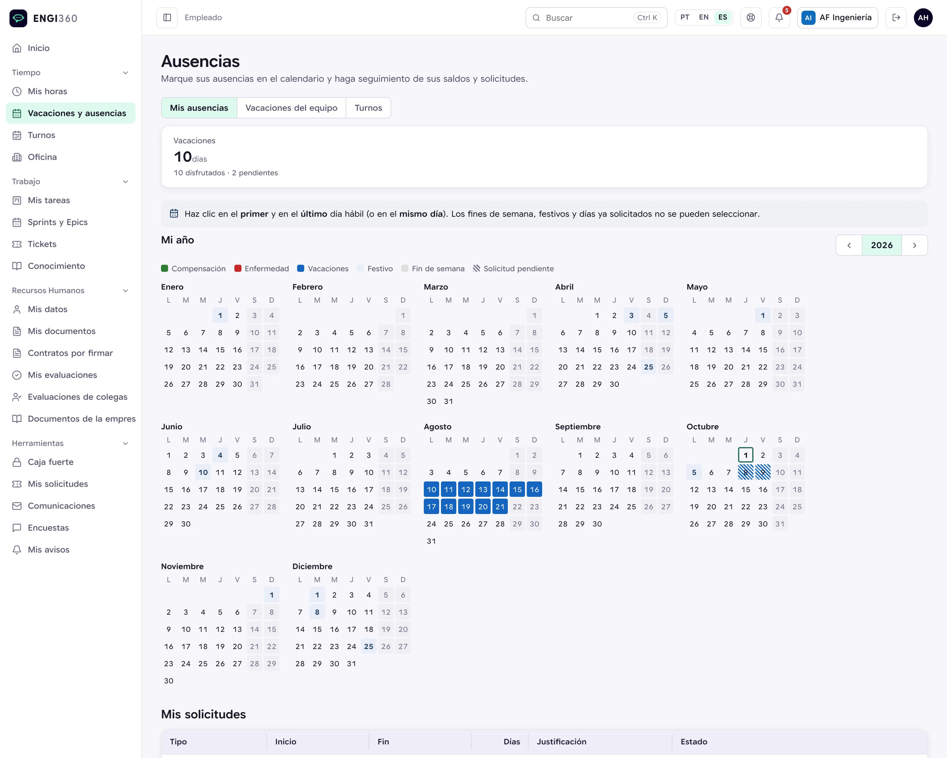 Calendario anual de vacaciones y ausencias