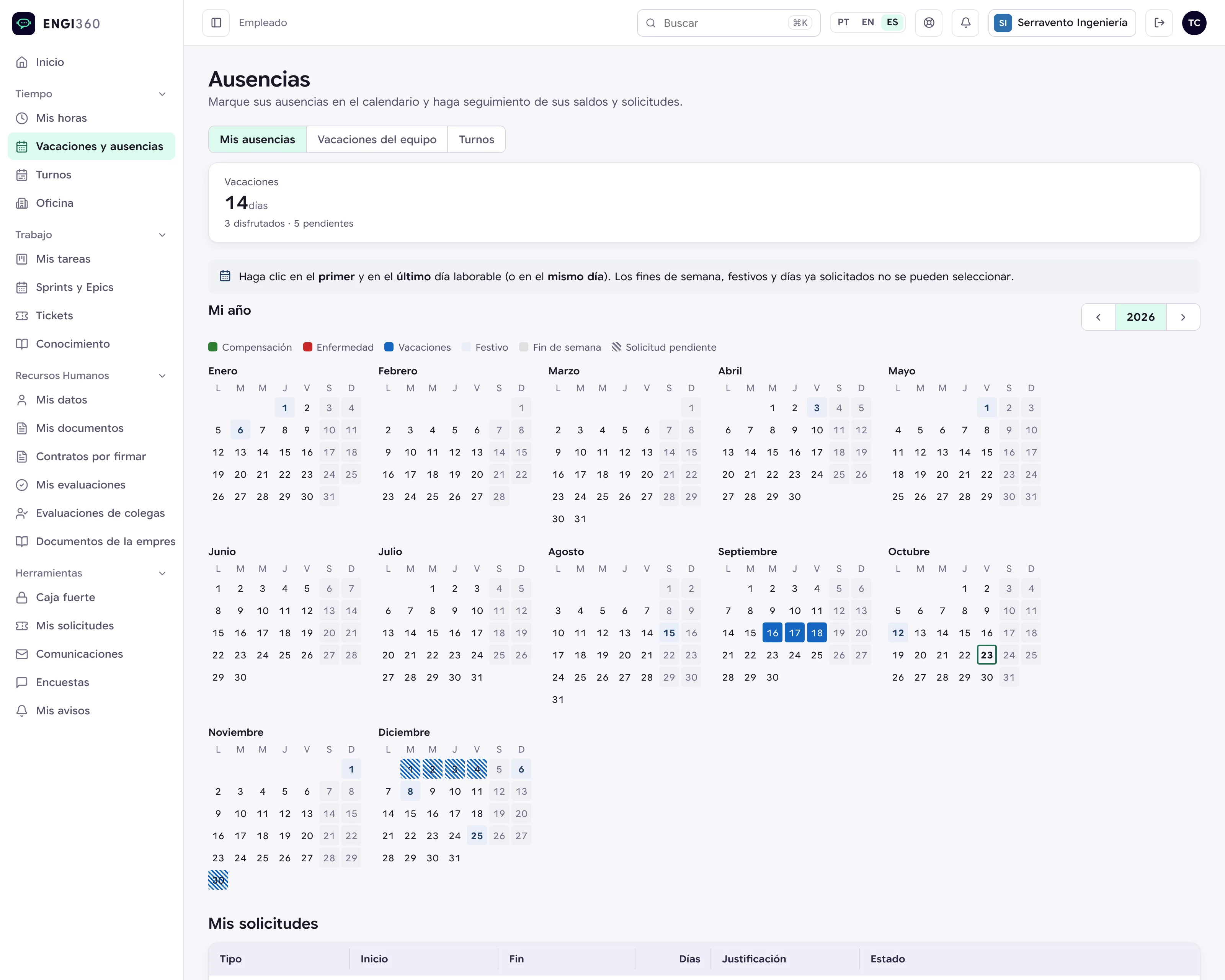Calendario anual de vacaciones y ausencias