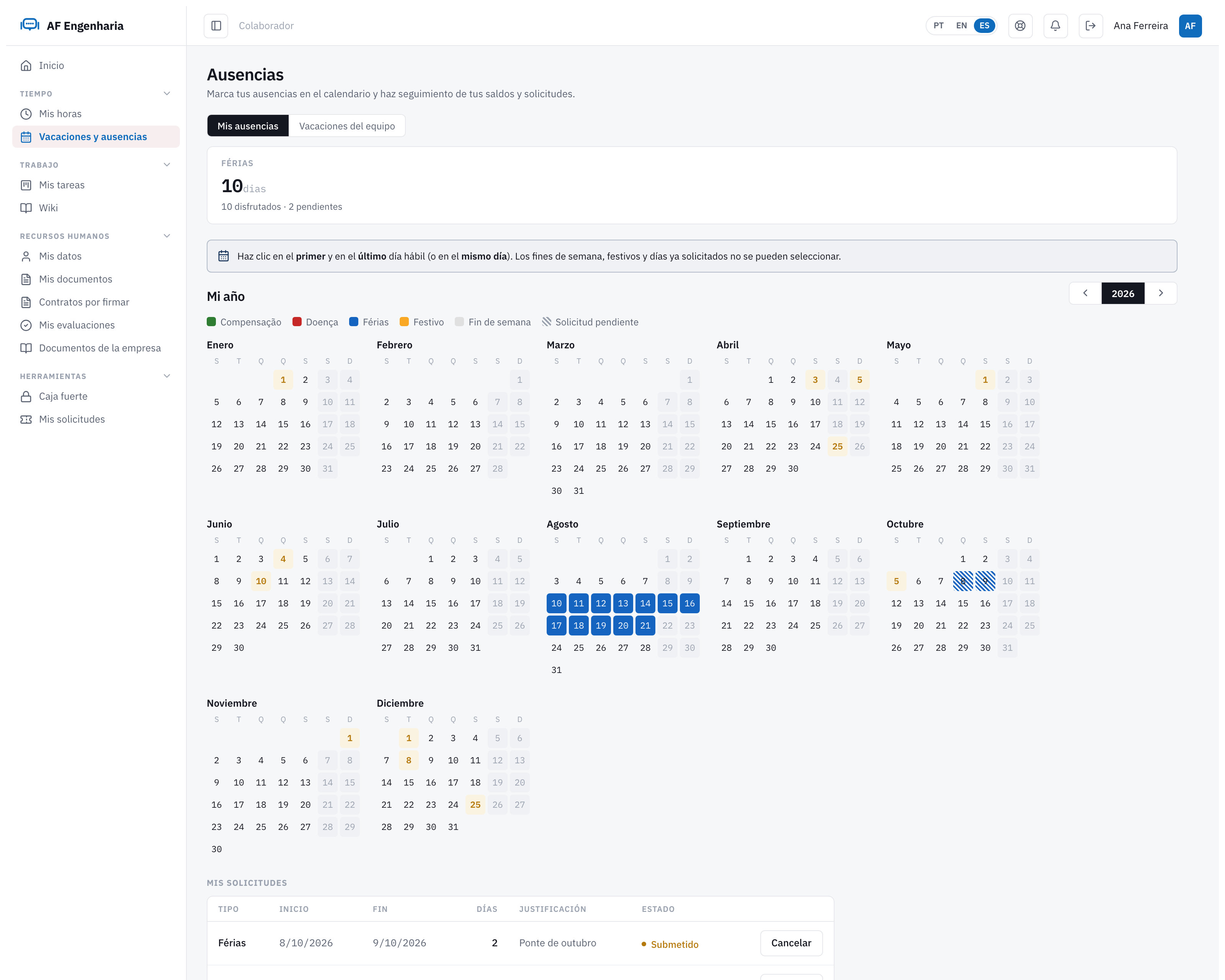 Calendario anual de vacaciones y ausencias