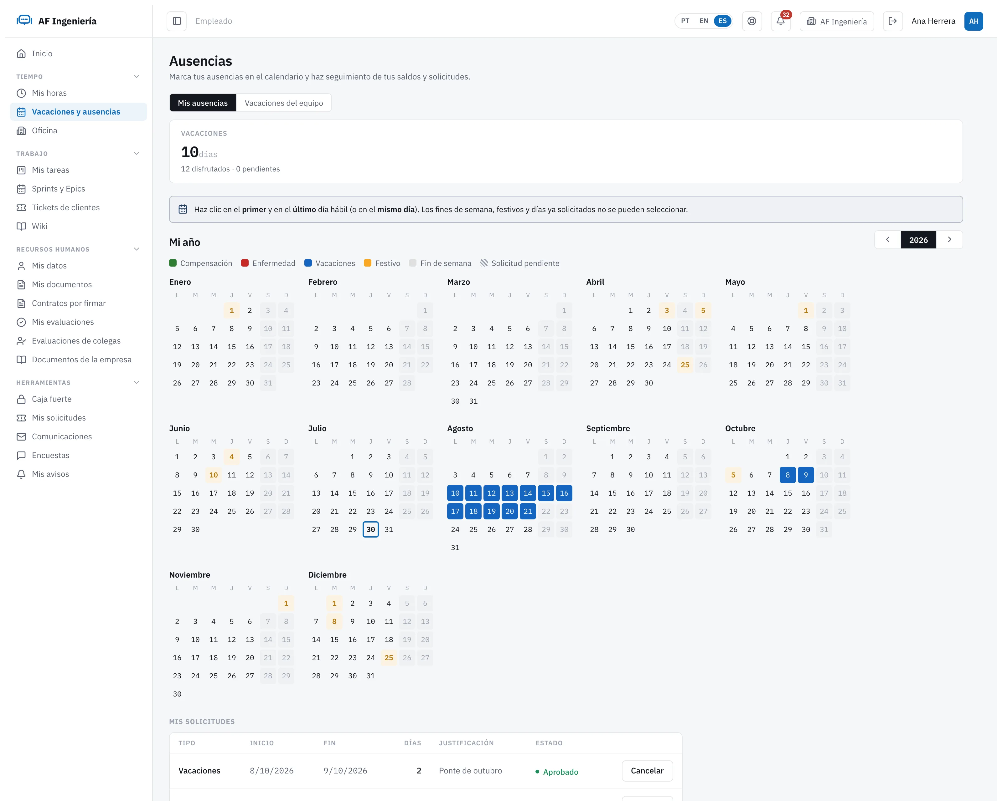 Calendario anual de vacaciones y ausencias