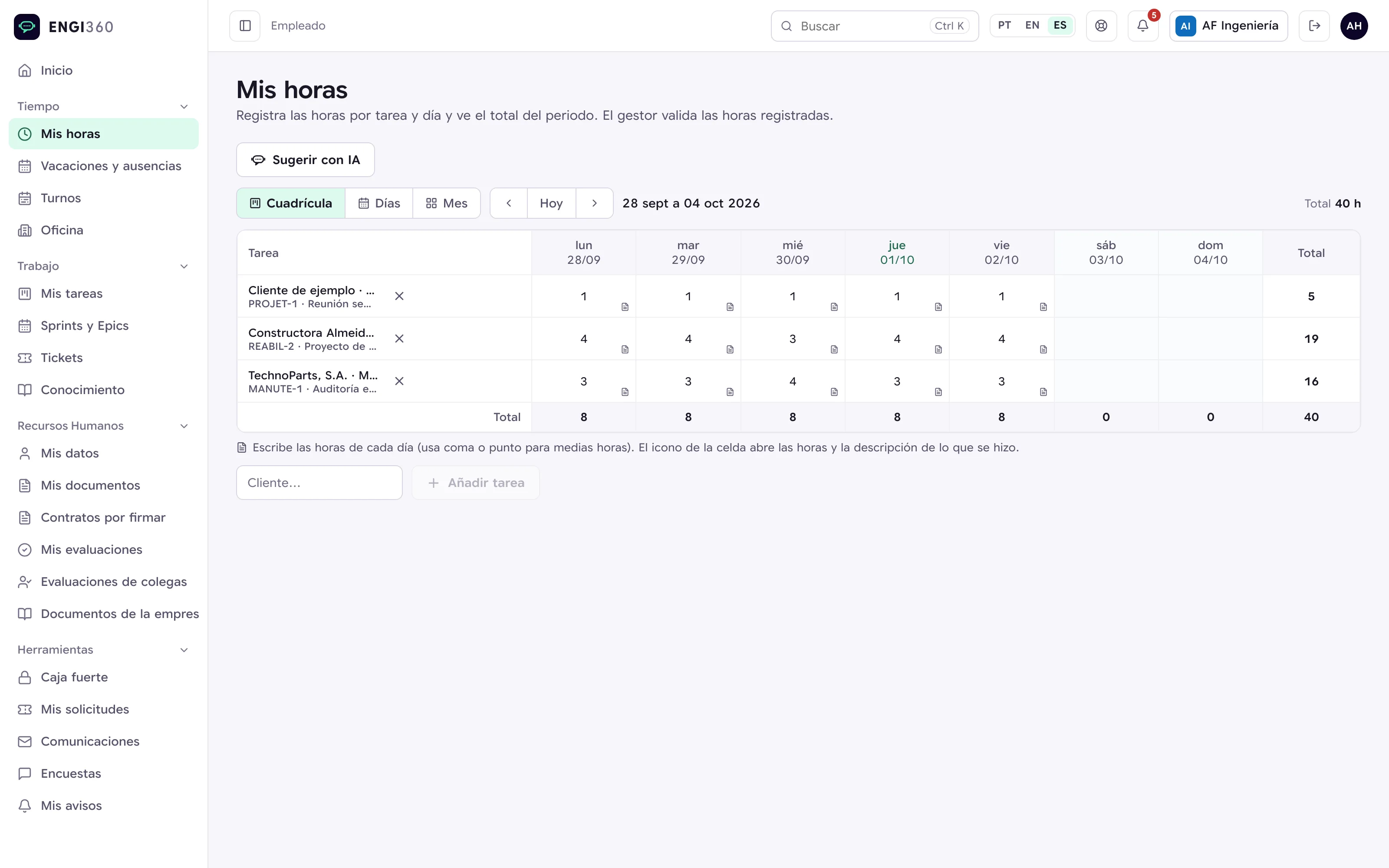 Timesheet semanal del empleado en Engi360
