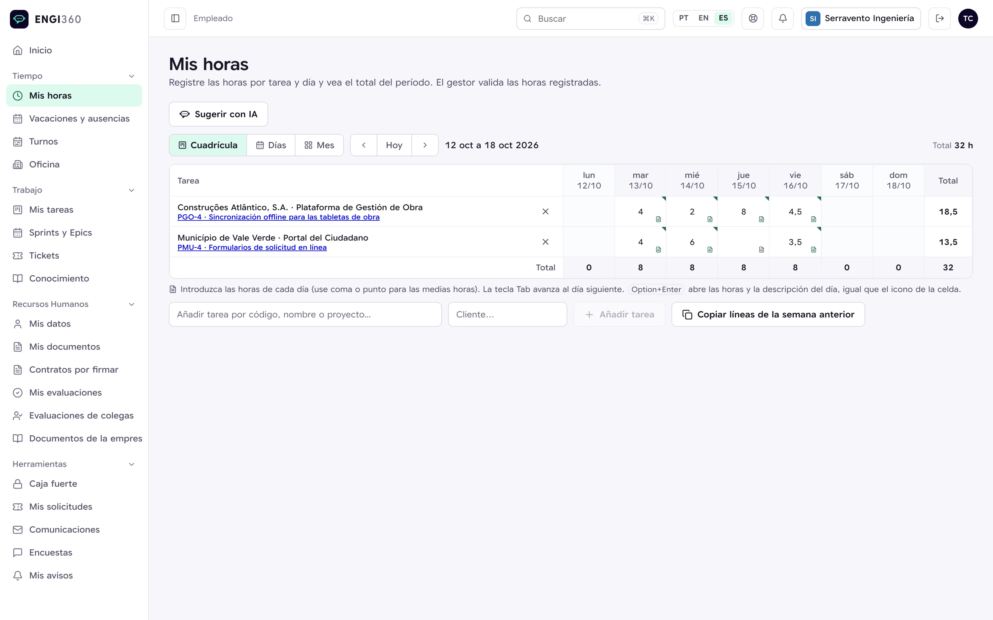 Timesheet semanal del empleado en Engi360