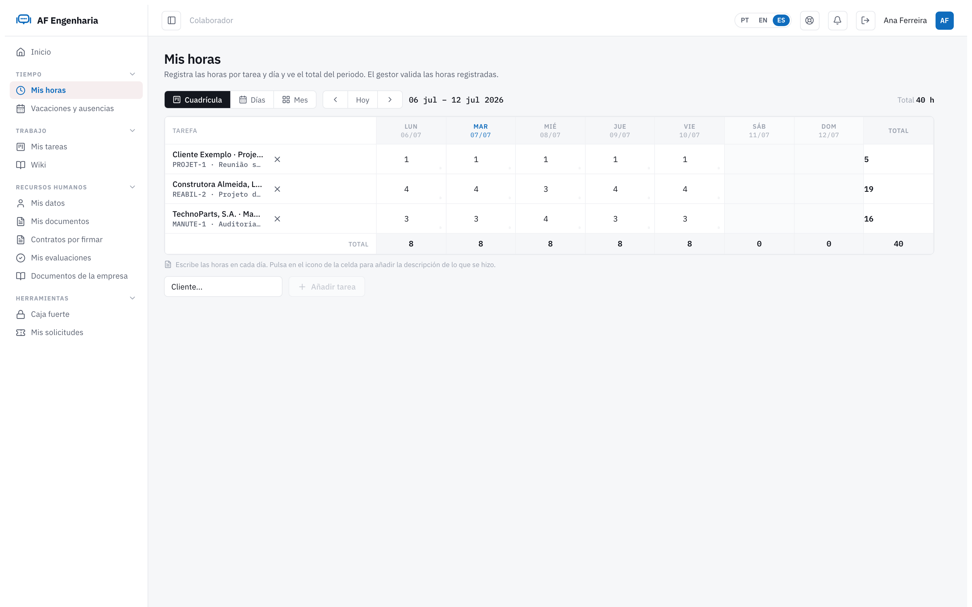 Timesheet semanal del empleado en Engi360