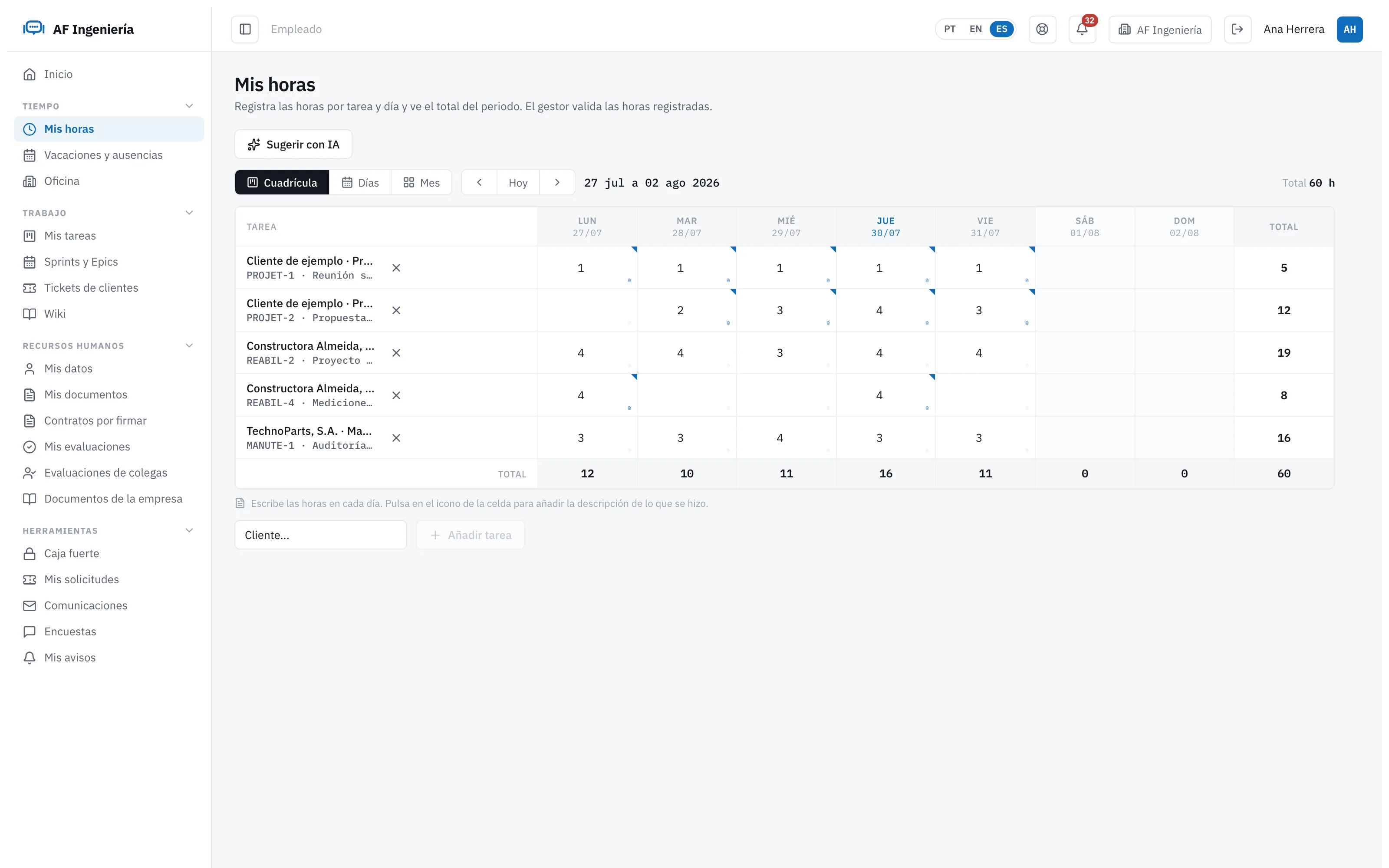 Timesheet semanal del empleado en Engi360