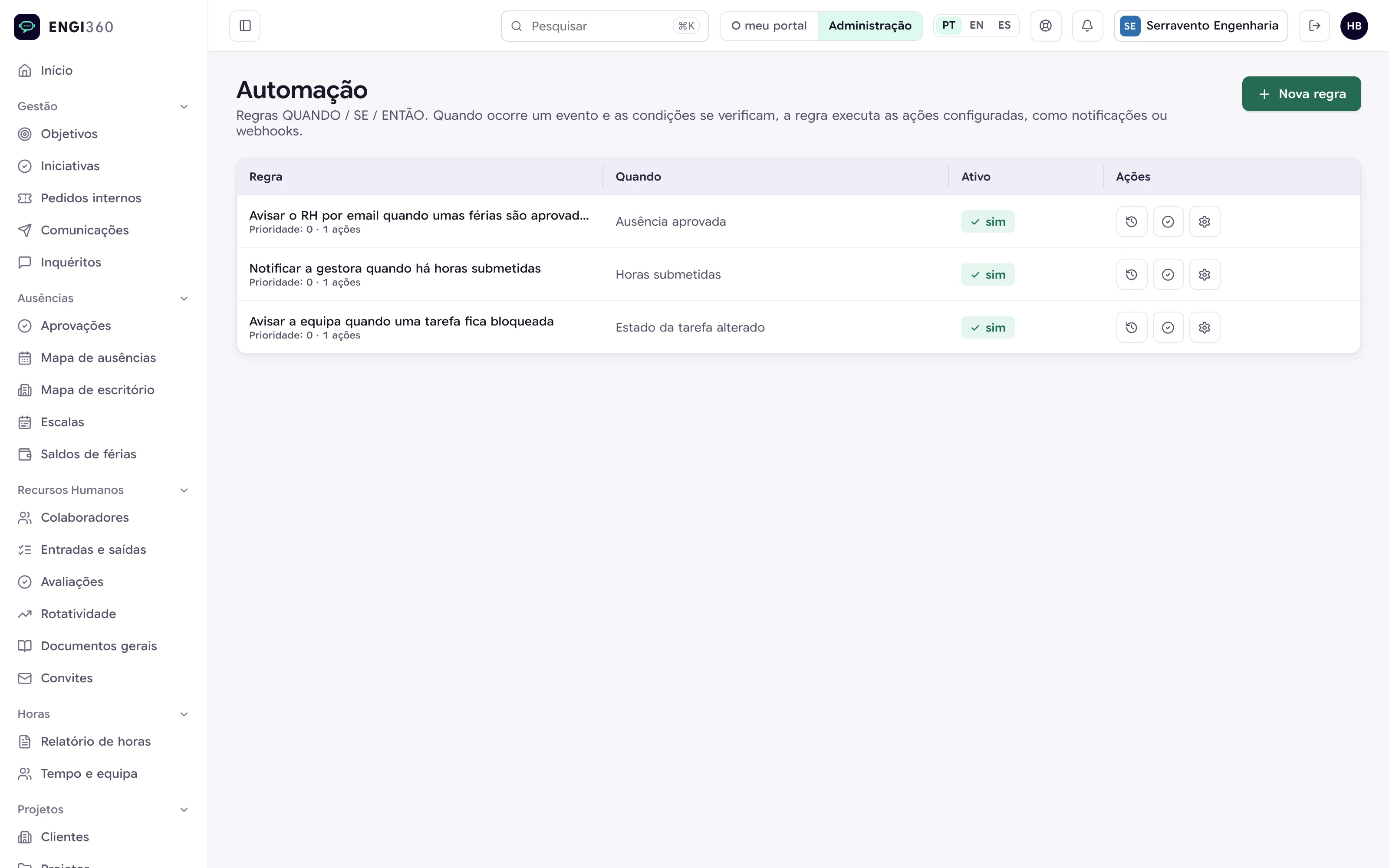 Regras de automação no Engi360