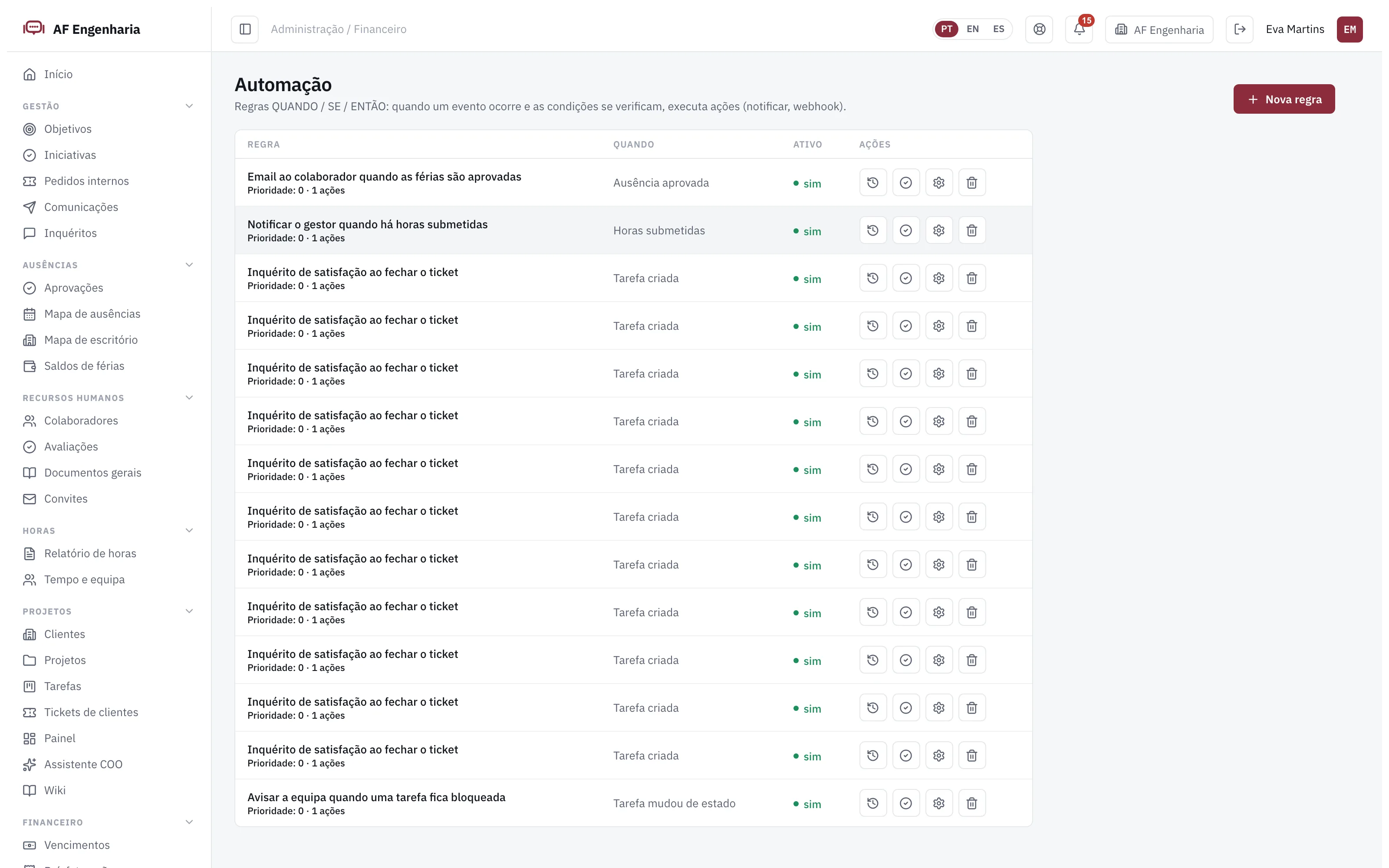 Regras de automação no Engi360
