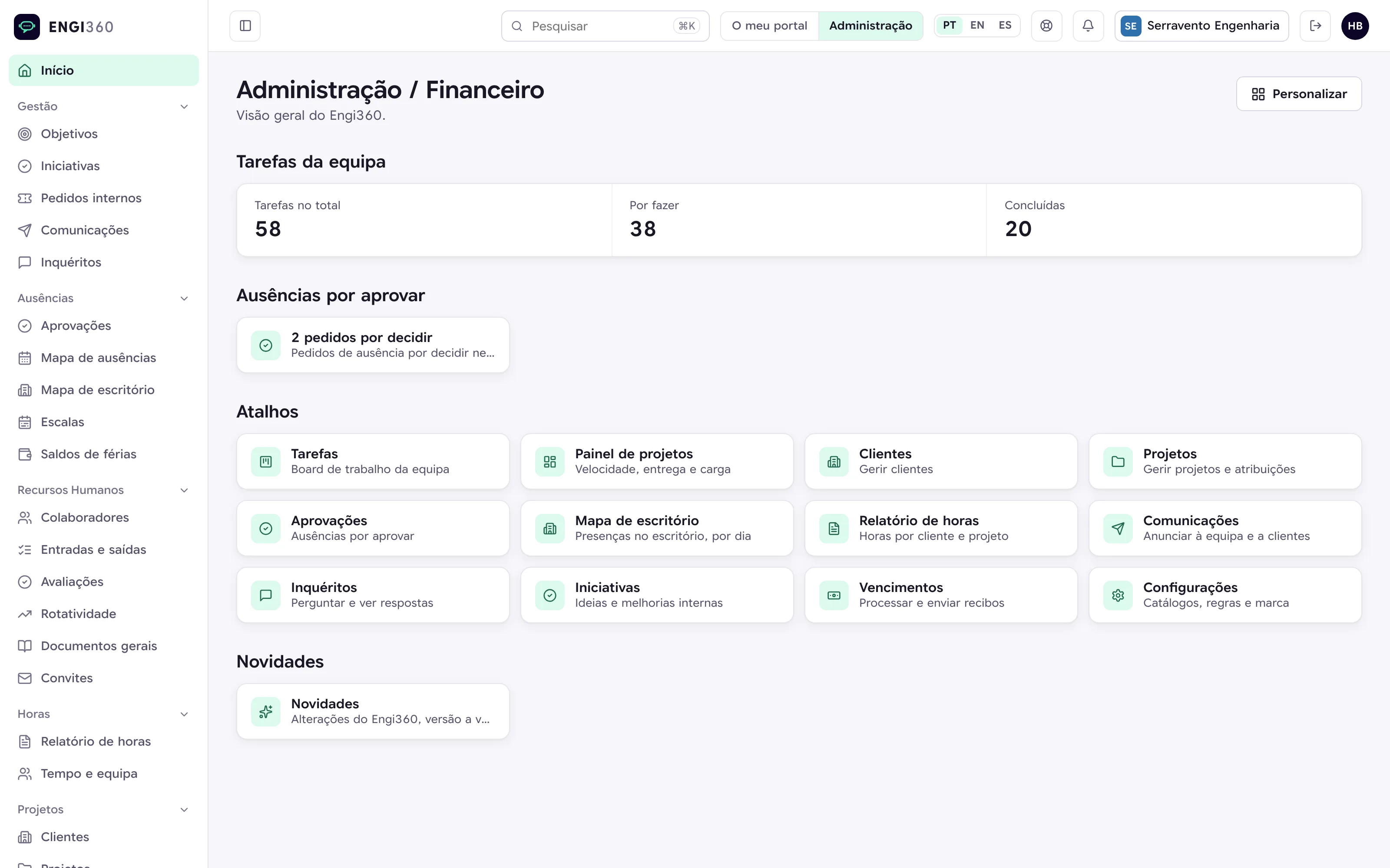 Painel de administração do Engi360