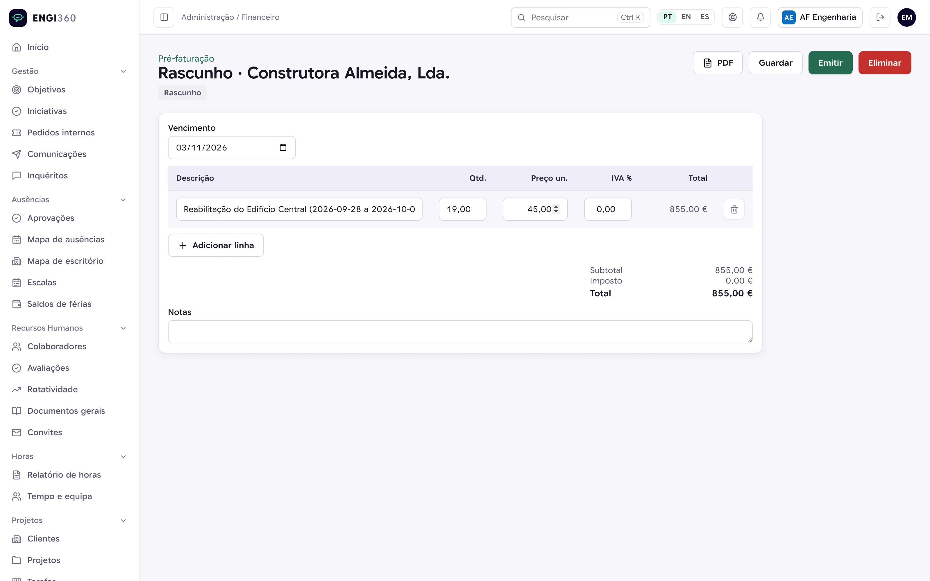 Pré-faturação gerada a partir das horas no Engi360