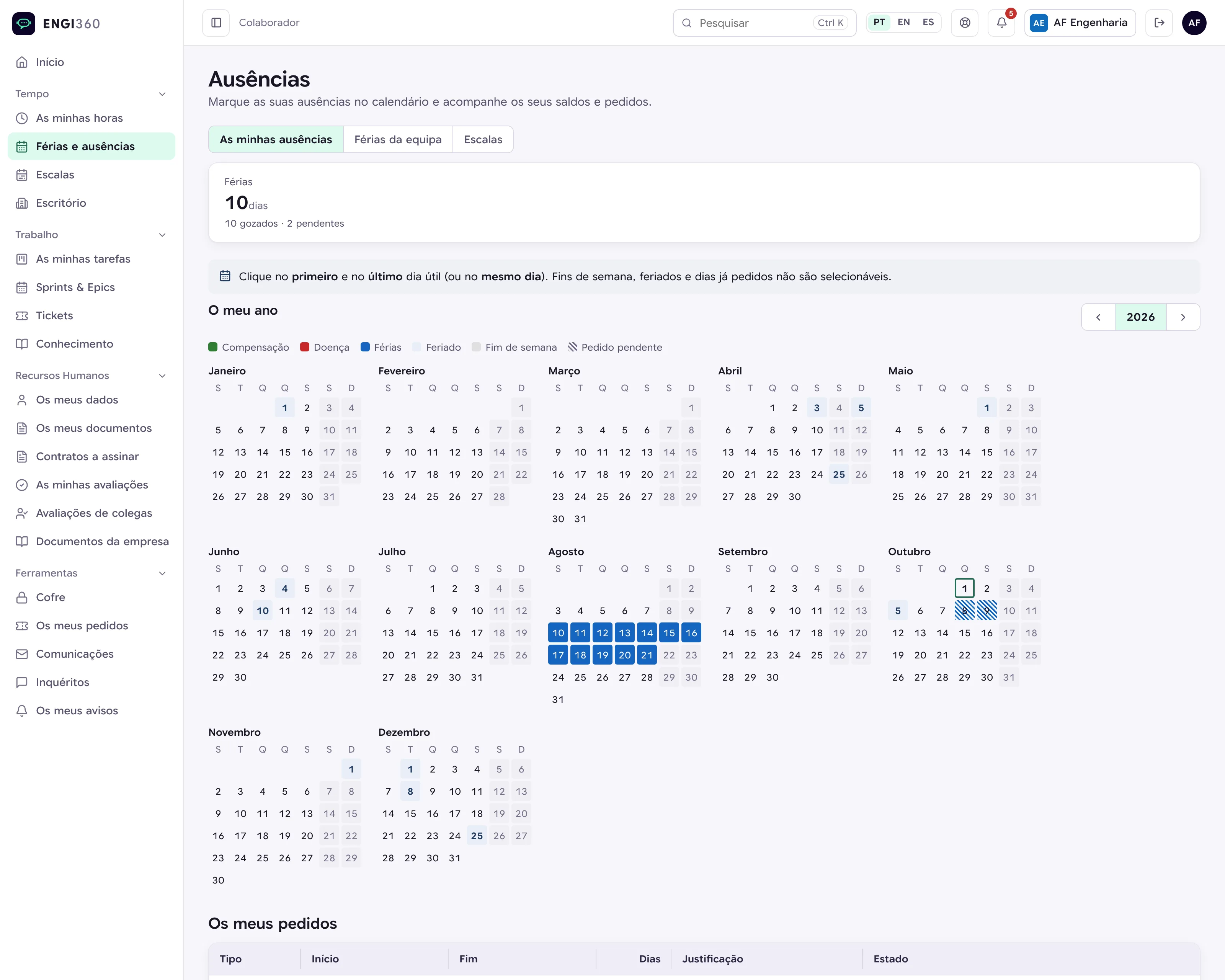 Calendário anual de férias e ausências