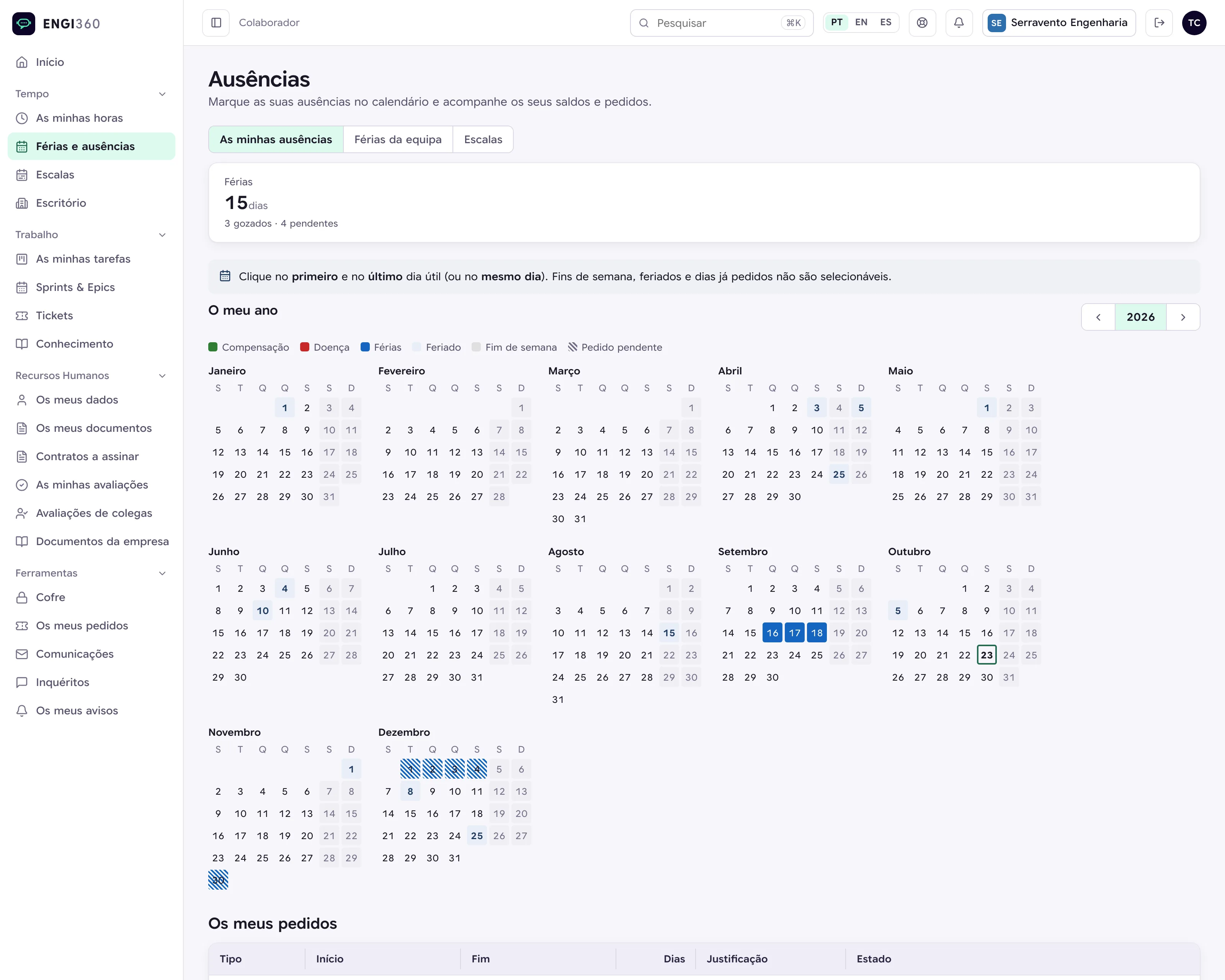 Calendário anual de férias e ausências