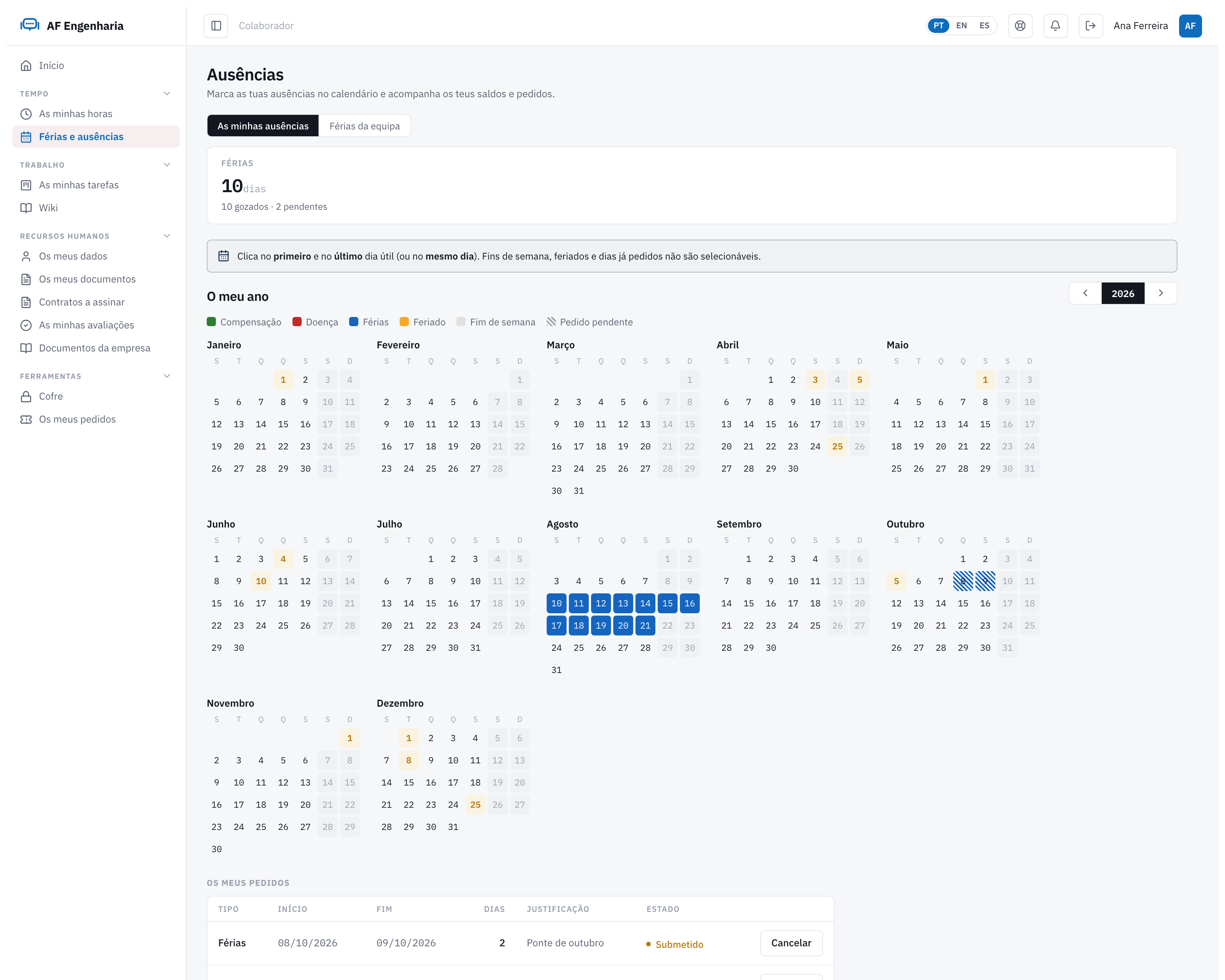 Calendário anual de férias e ausências