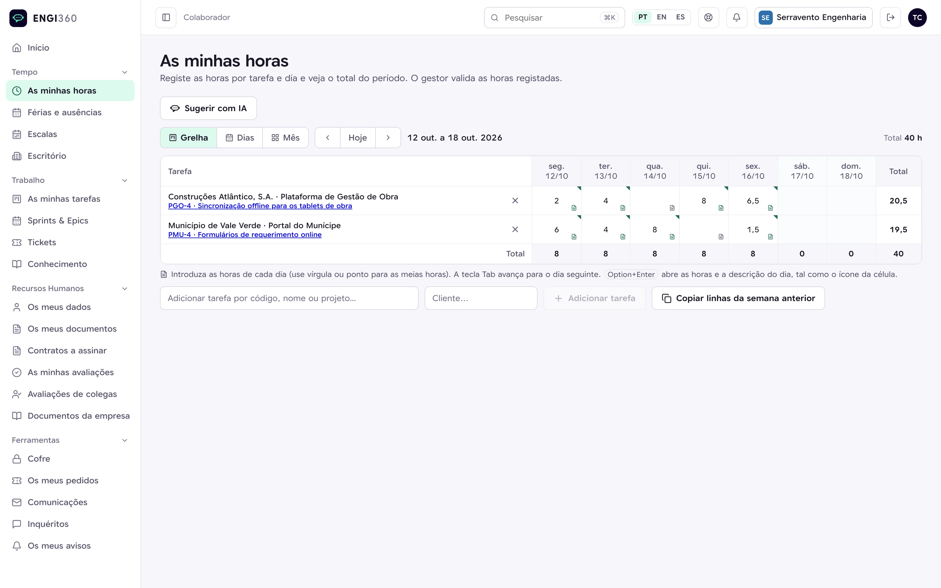 Timesheet semanal do colaborador no Engi360