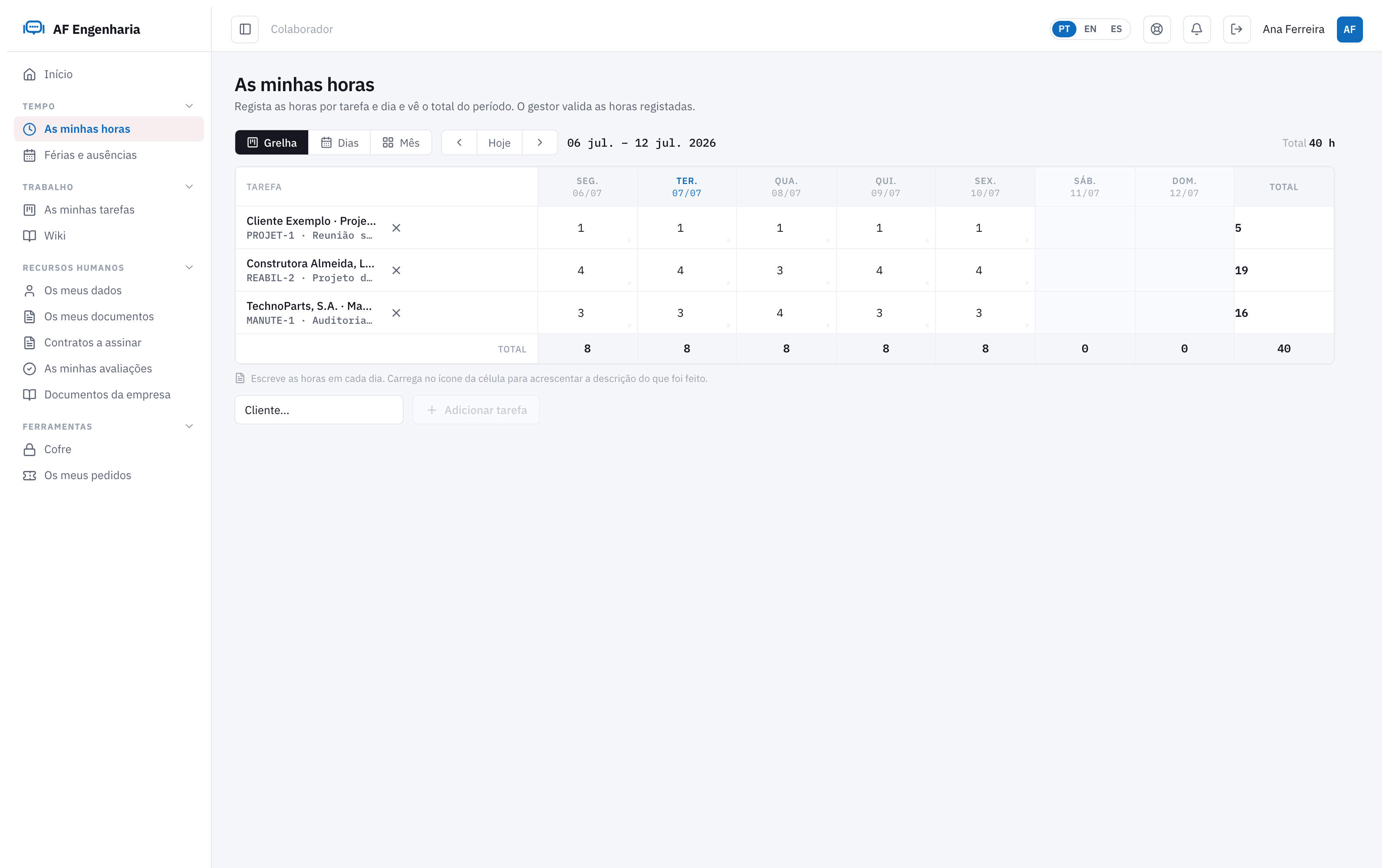 Timesheet semanal do colaborador no Engi360