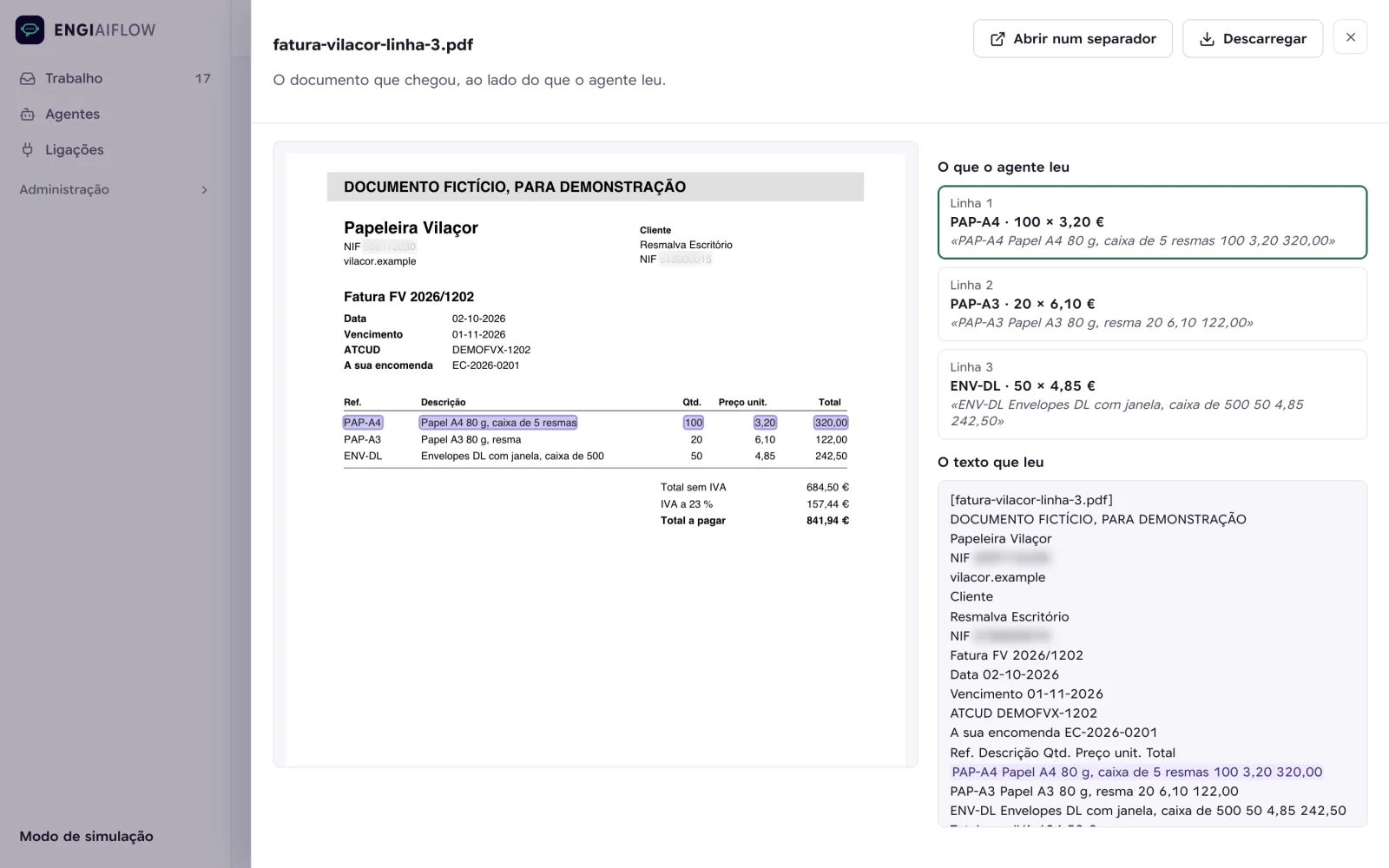 Uma fatura de fornecedor no EngiAIFlow, com o documento ao lado do que foi lido.